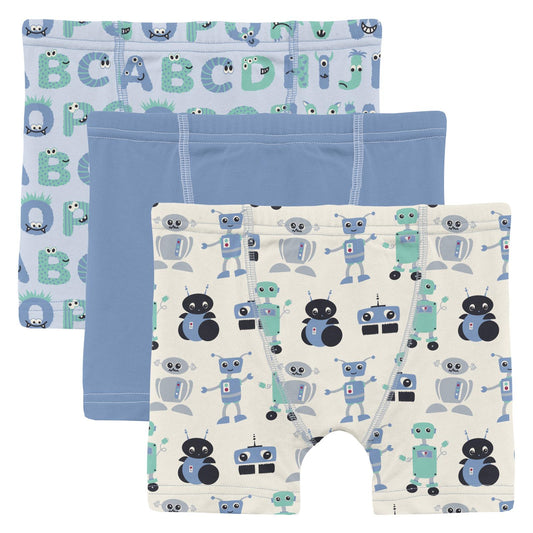 Print Boxer Brief Set of 3 in Dew ABC Monsters, Dream Blue & Natural Robots