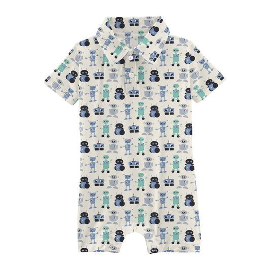 Print Short Sleeve Polo Romper in Natural Robots