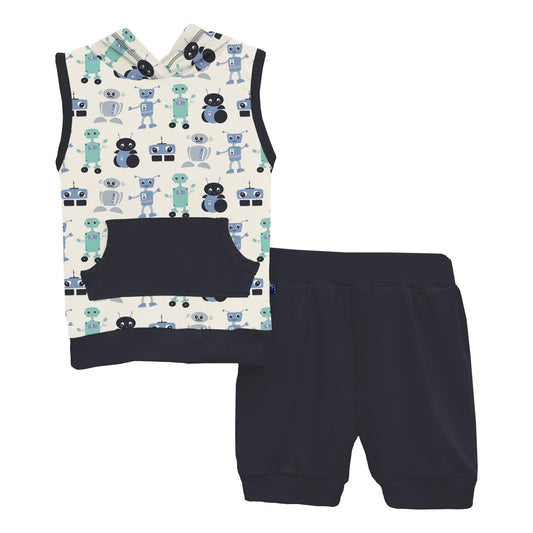 Print Short Sleeve Hoodie Tank Outfit Set in Natural Robots