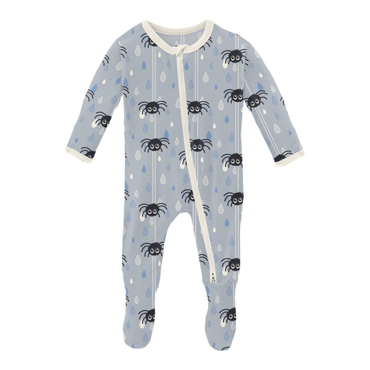 Print Footie with 2 Way Zipper in Pearl Blue Itsy Bitsy Spider