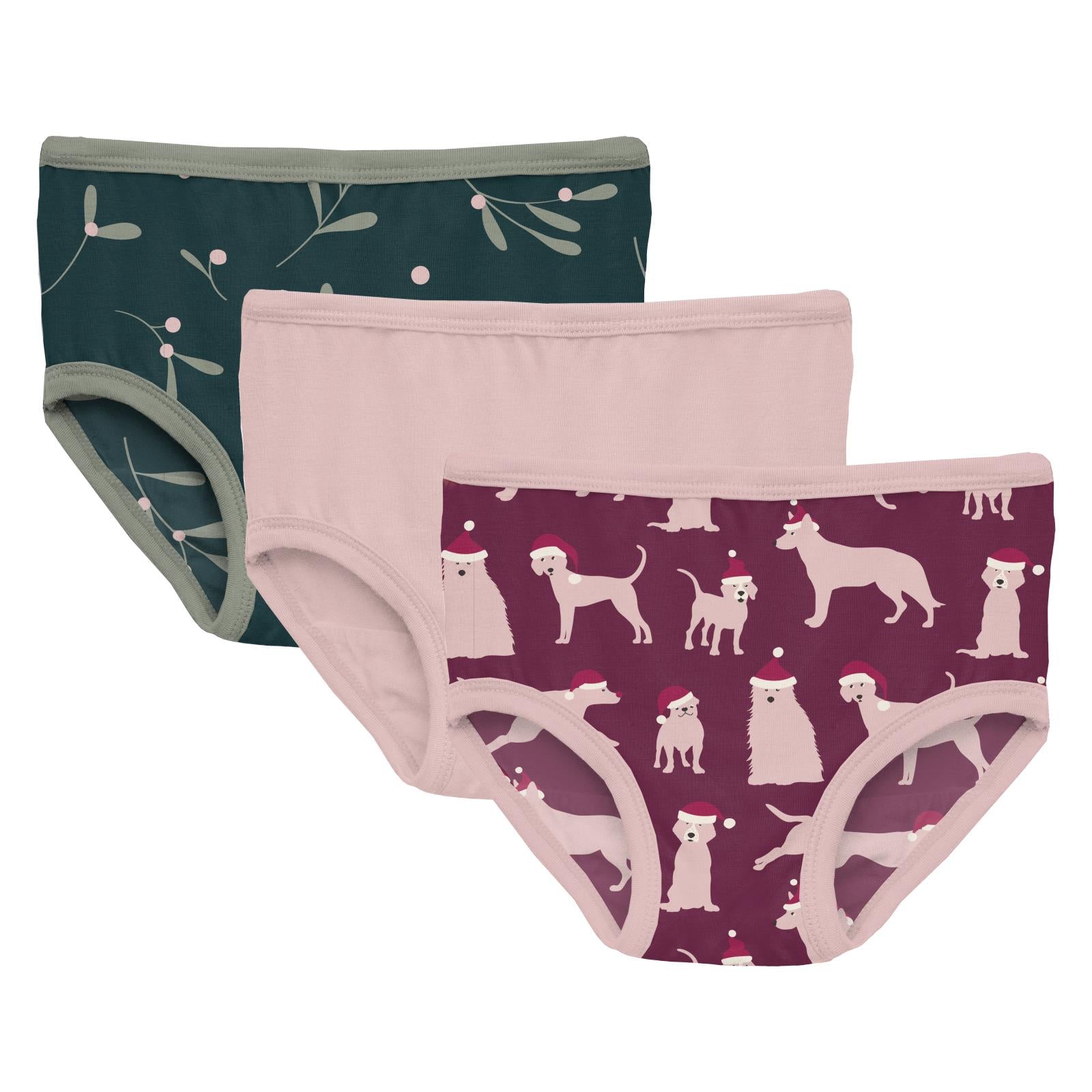 Print Girl's Underwear Set of 3 in Pine Mistletoe, Baby Rose & Melody Santa  Dogs