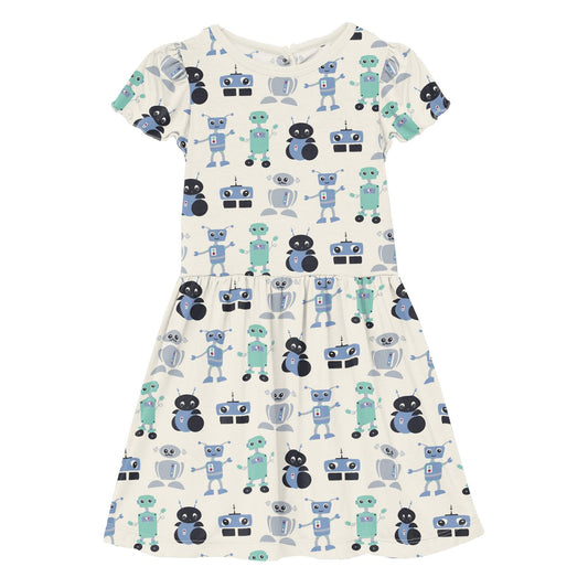 Print Flutter Sleeve Twirl Dress with Pockets in Natural Robots