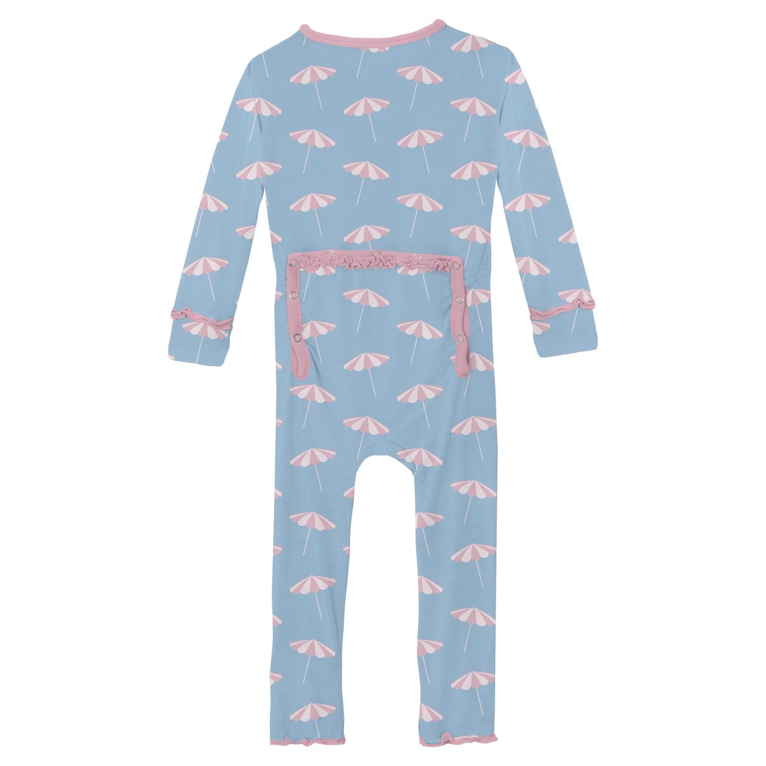 Print Muffin Ruffle Coverall with 2 Way Zipper in Seaside Blue Beach Umbrellas (339123)
