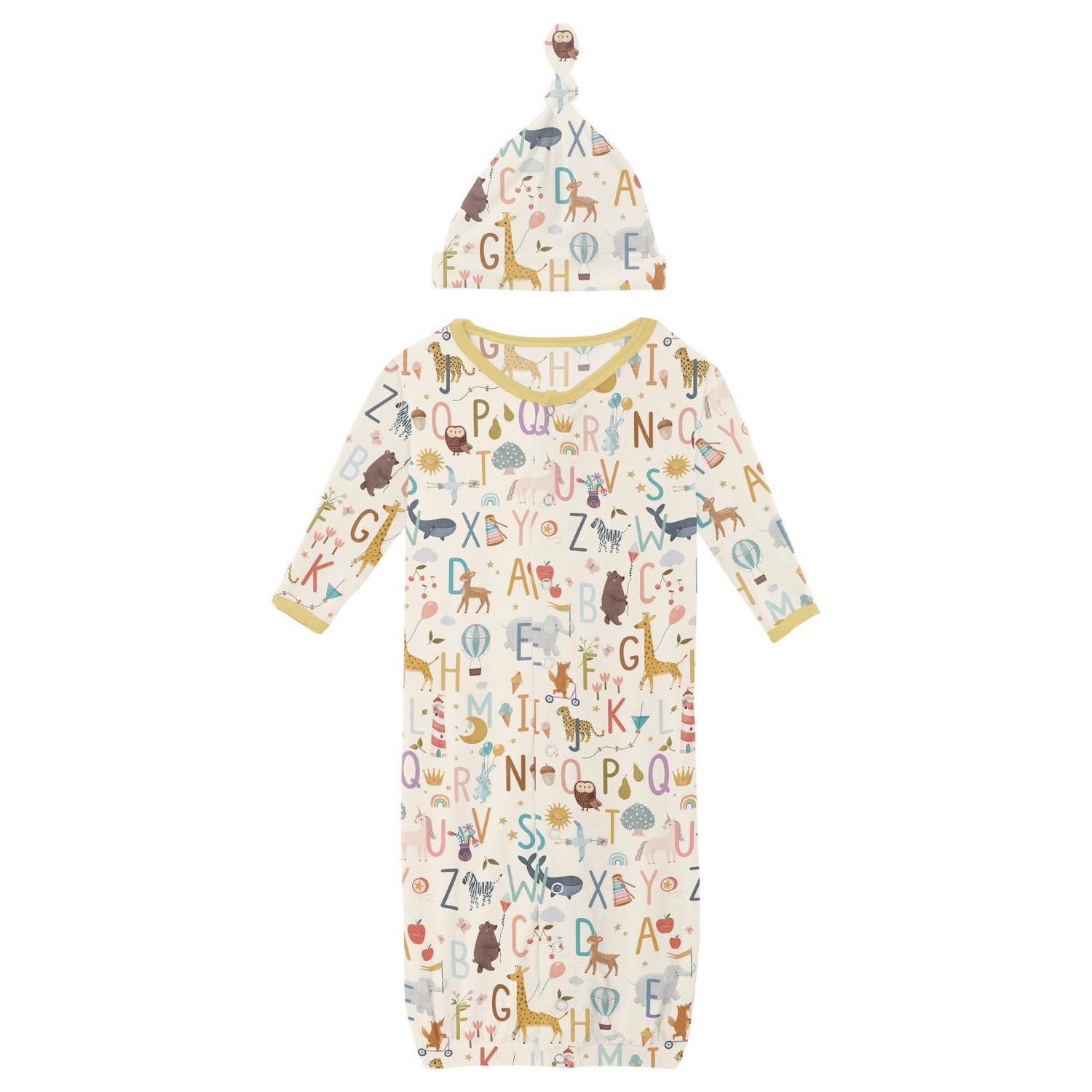 Print Layette Gown Converter & Single Knot Hat Set in Animal Alphabet (351793)