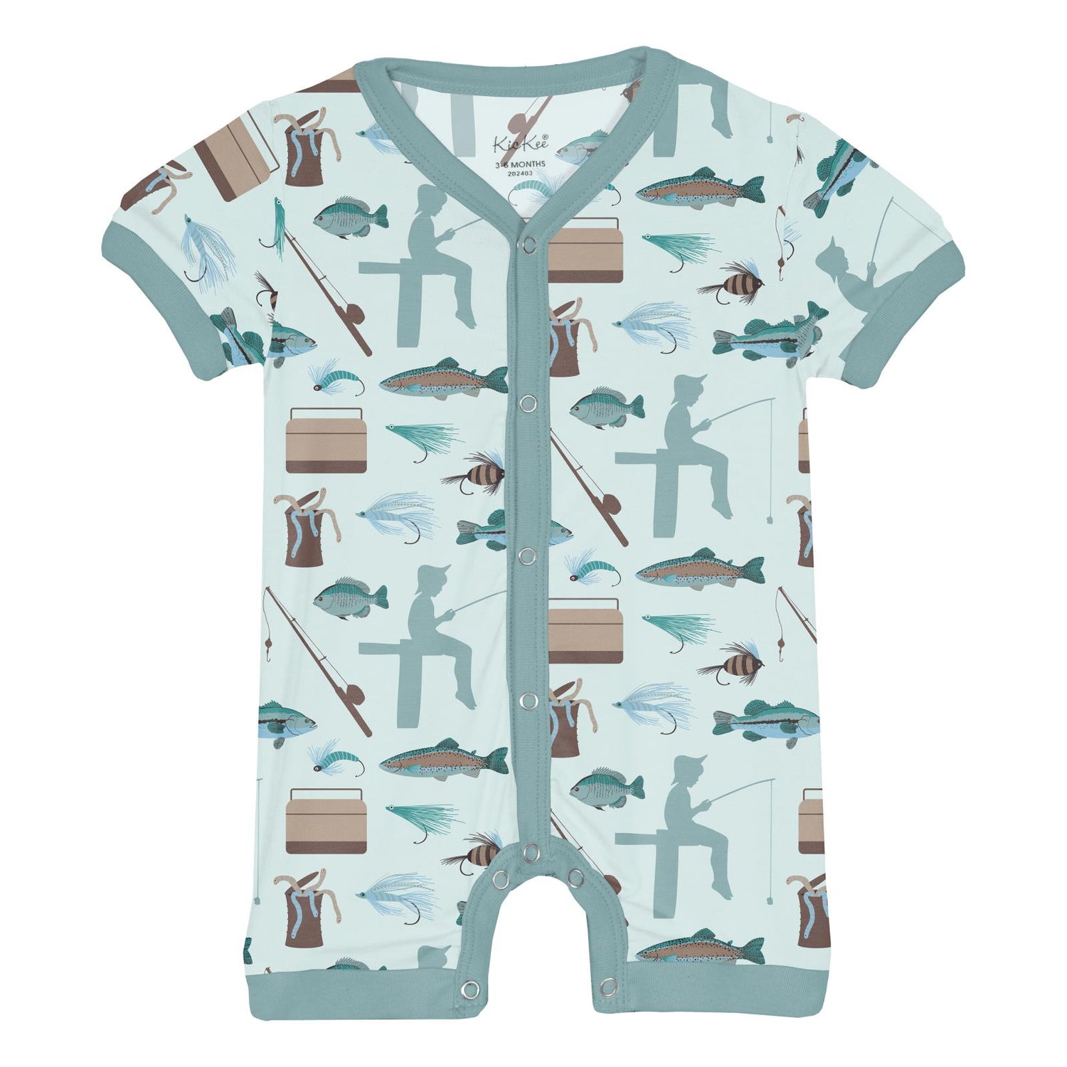 Print Short Sleeve Snap-Front Romper in Fresh Air Fishing (320114)