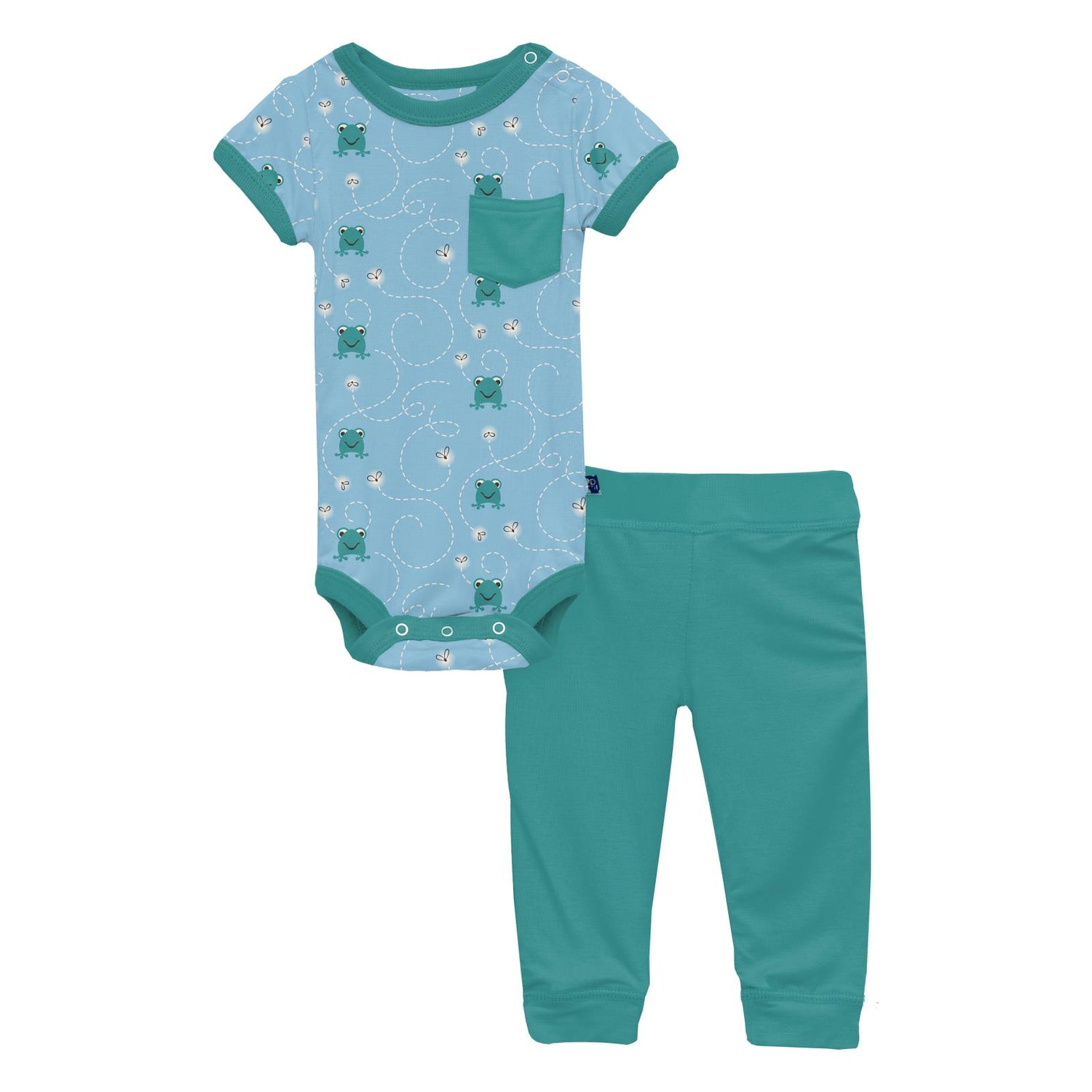 Print Short Sleeve Pocket One Piece & Pants Outfit Set in Seaside Blue Frogs & Flies (321651)