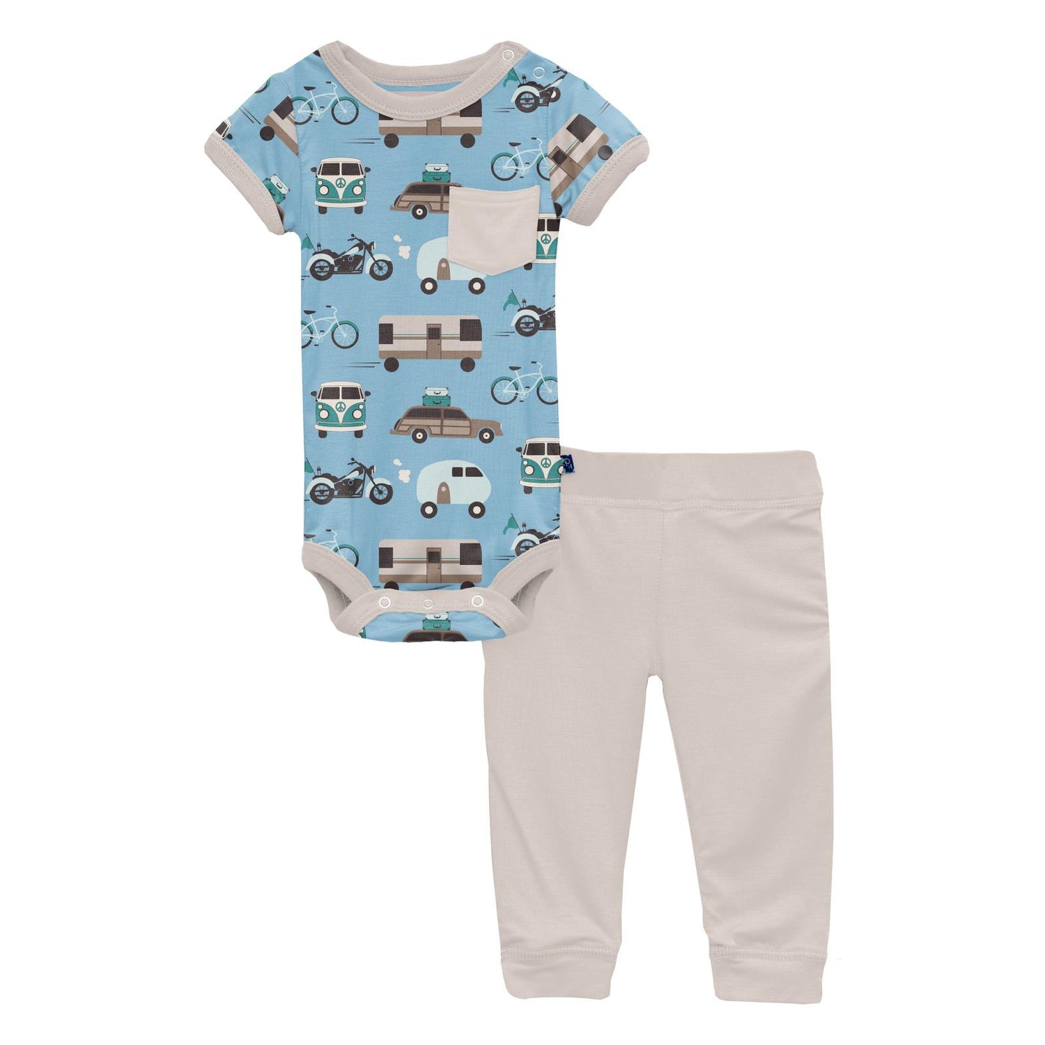 Print Short Sleeve Pocket One Piece & Pants Outfit Set in Seaside Blue On the Way (321634)