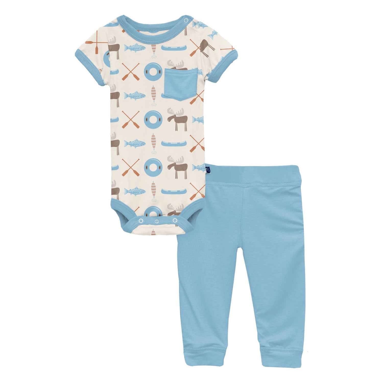 Print Short Sleeve Pocket One Piece & Pants Outfit Set in Natural Lake Life (321691)