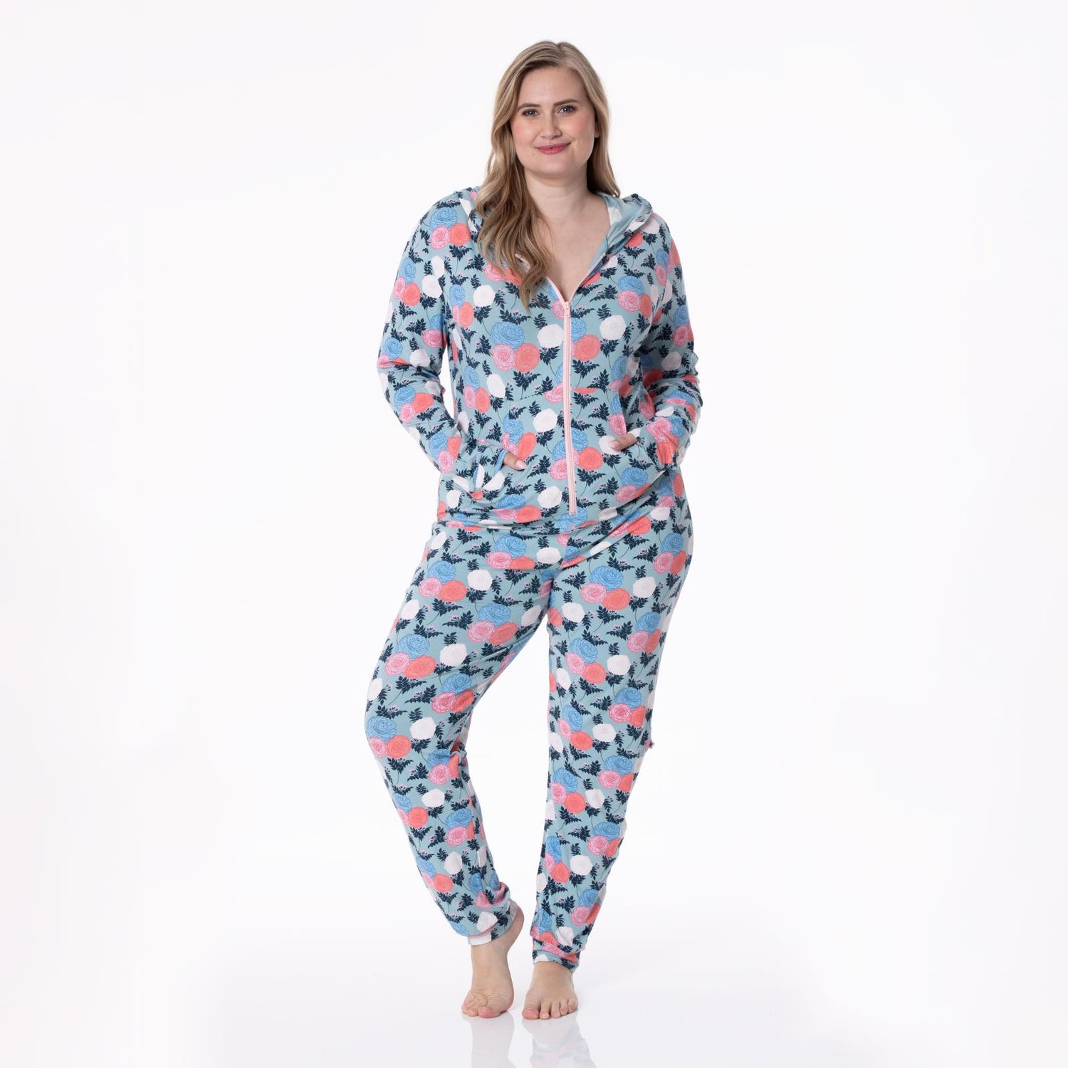 Women's Print Long Sleeve Jumpsuit with Hood in Stormy Sea Enchanted Floral