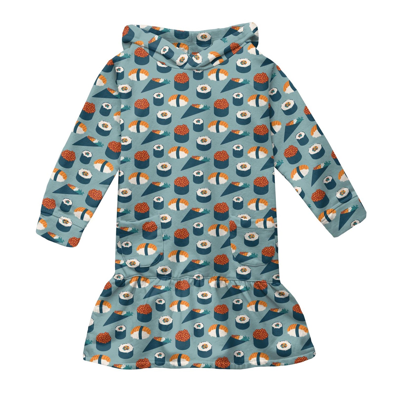 Print Long Sleeve Fleece Hoodie Dress in Jade Sushi (228516)