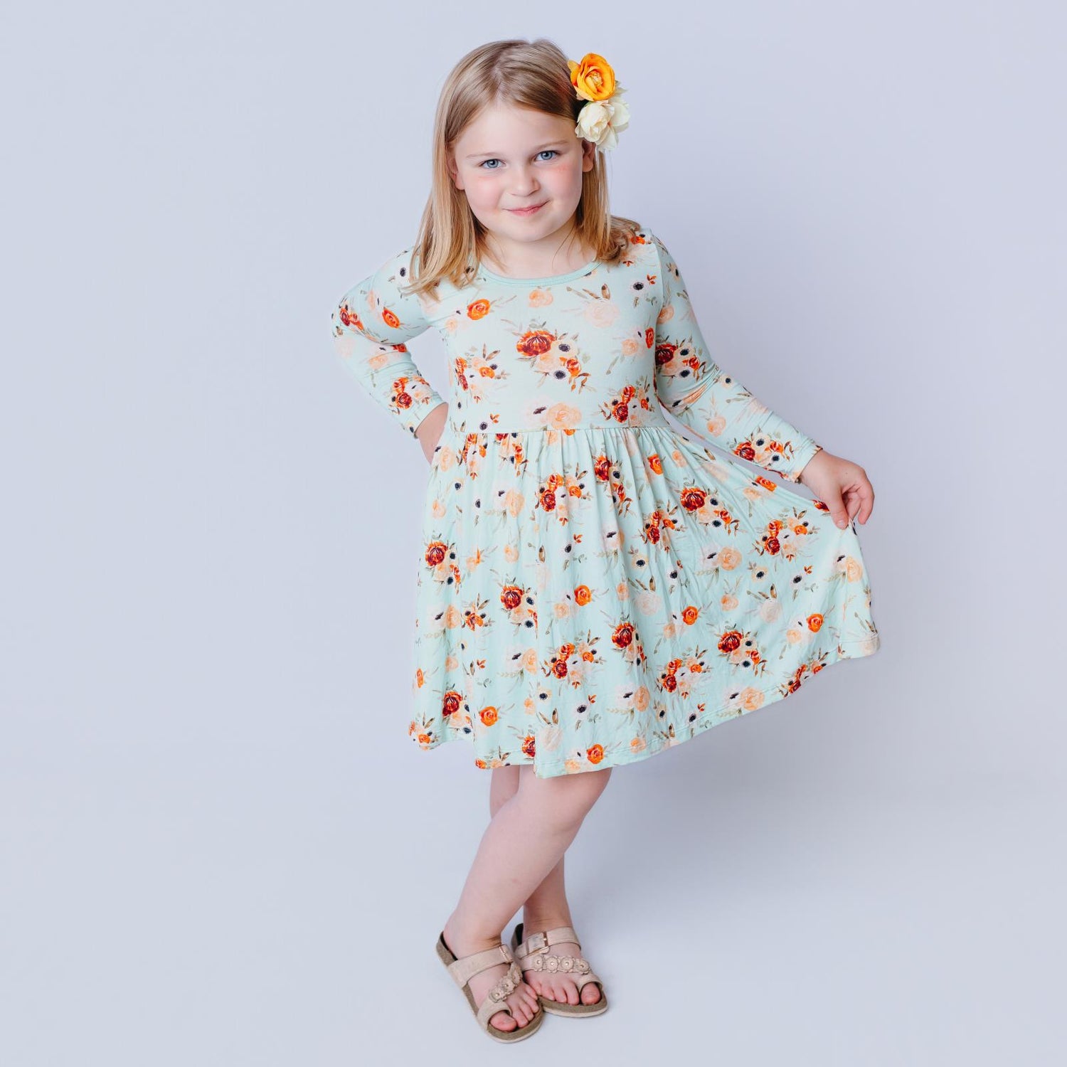 Print Long Sleeve Twirl Dress with Pockets in Aloe Fall Floral (333260)