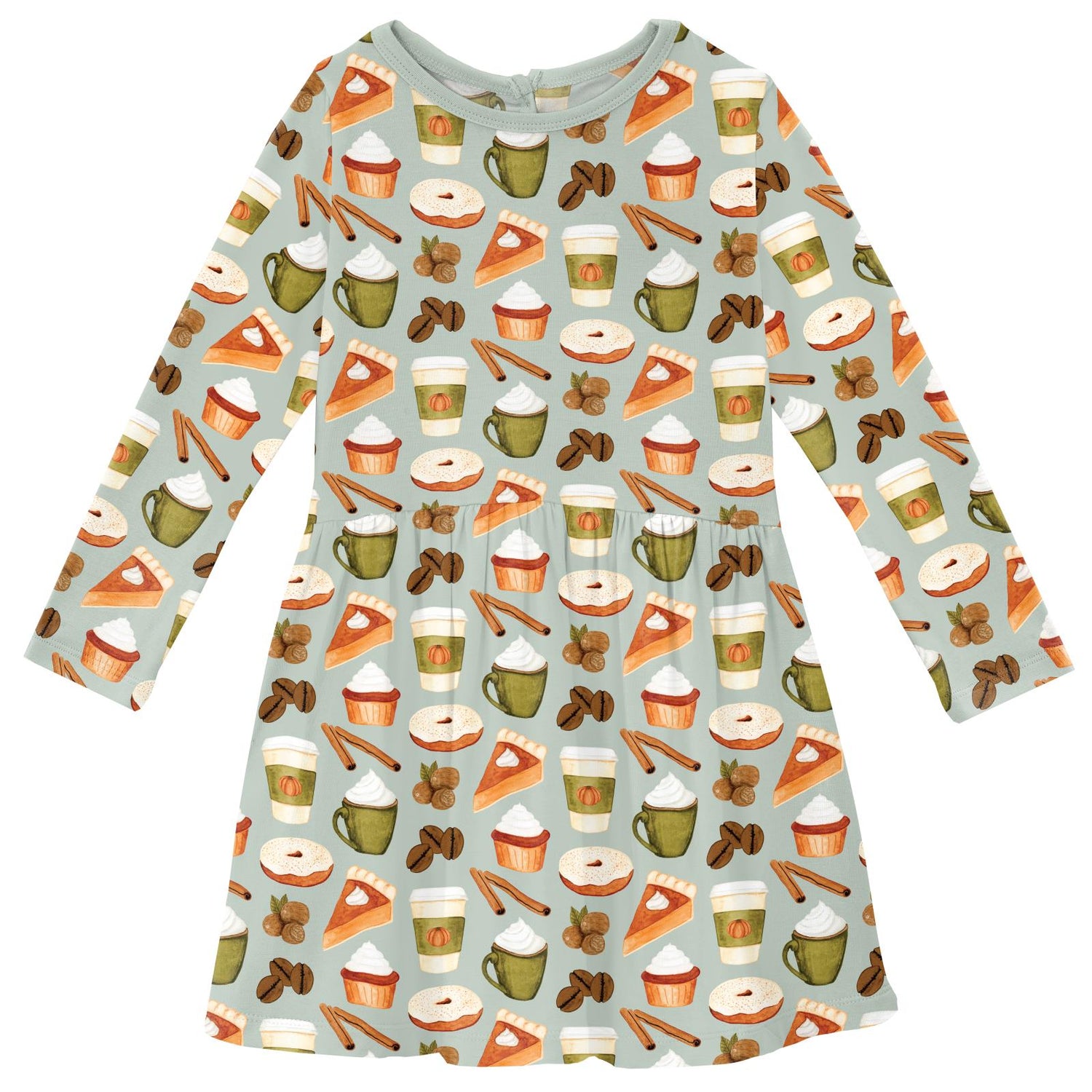 Print Long Sleeve Twirl Dress with Pockets in Aloe Pumpkin Spice (332987)