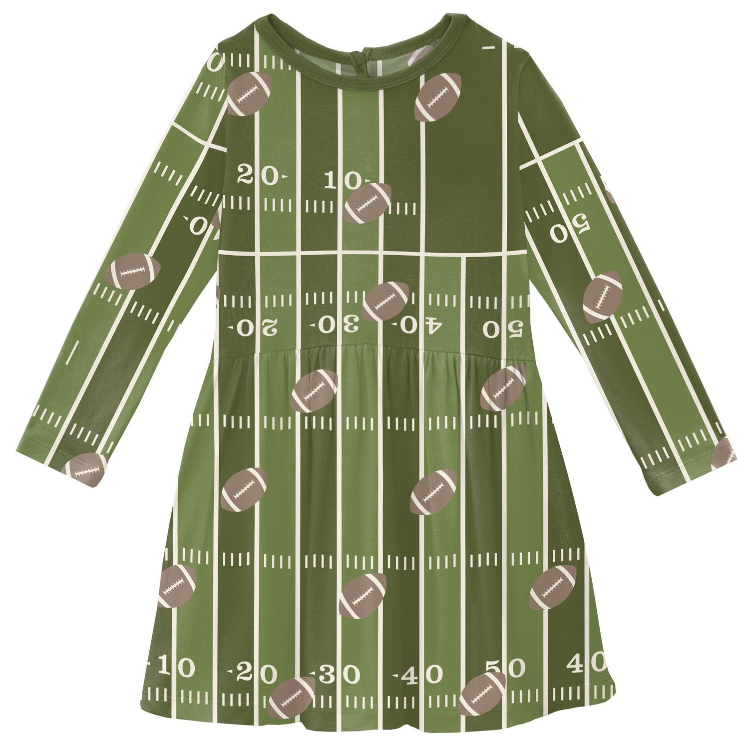 Print Long Sleeve Twirl Dress with Pockets in Pesto Football (333166)