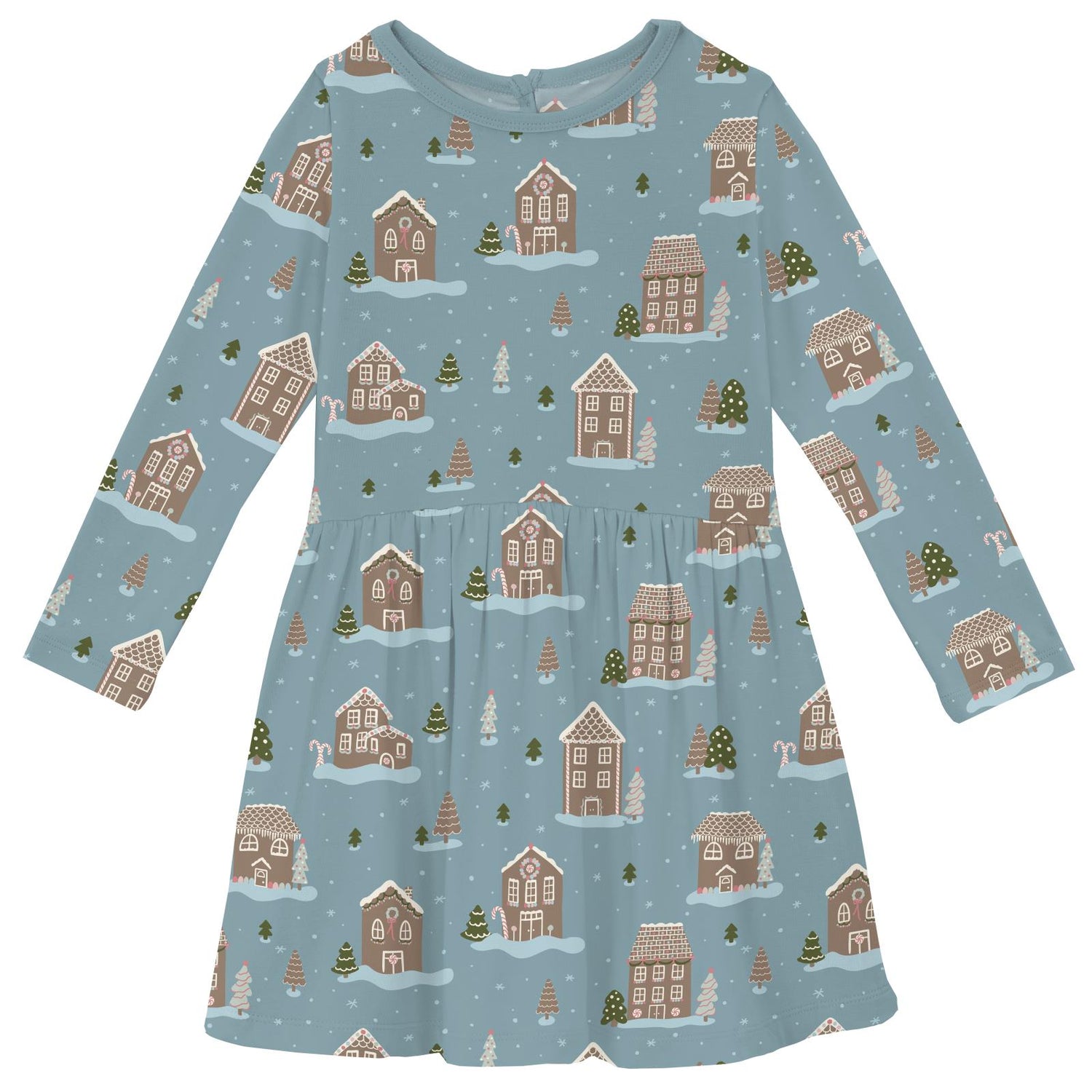 Print Long Sleeve Twirl Dress with Pockets in Stormy Sea Gingerbread Town (343403)