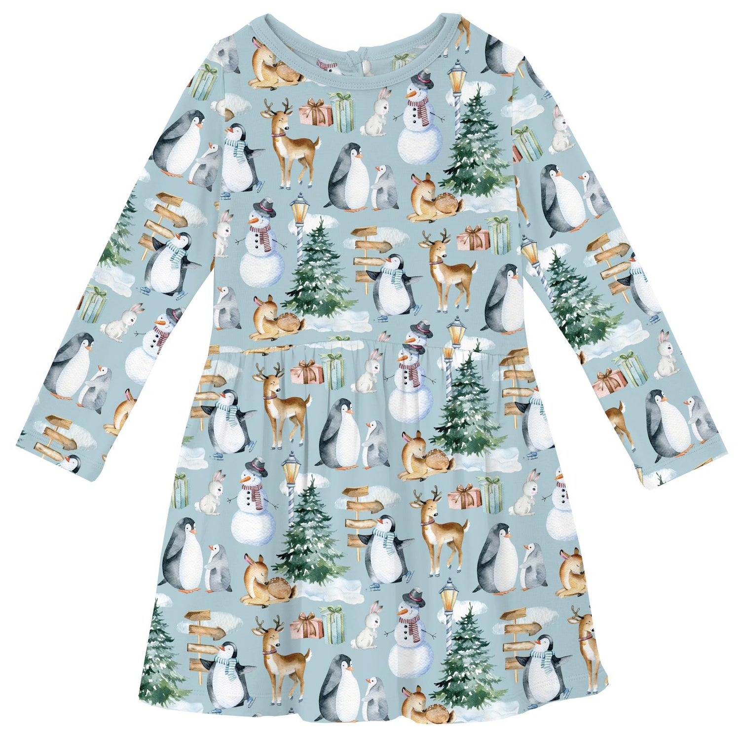 Print Long Sleeve Twirl Dress with Pockets in Spring Sky Winter Woodland (343515)