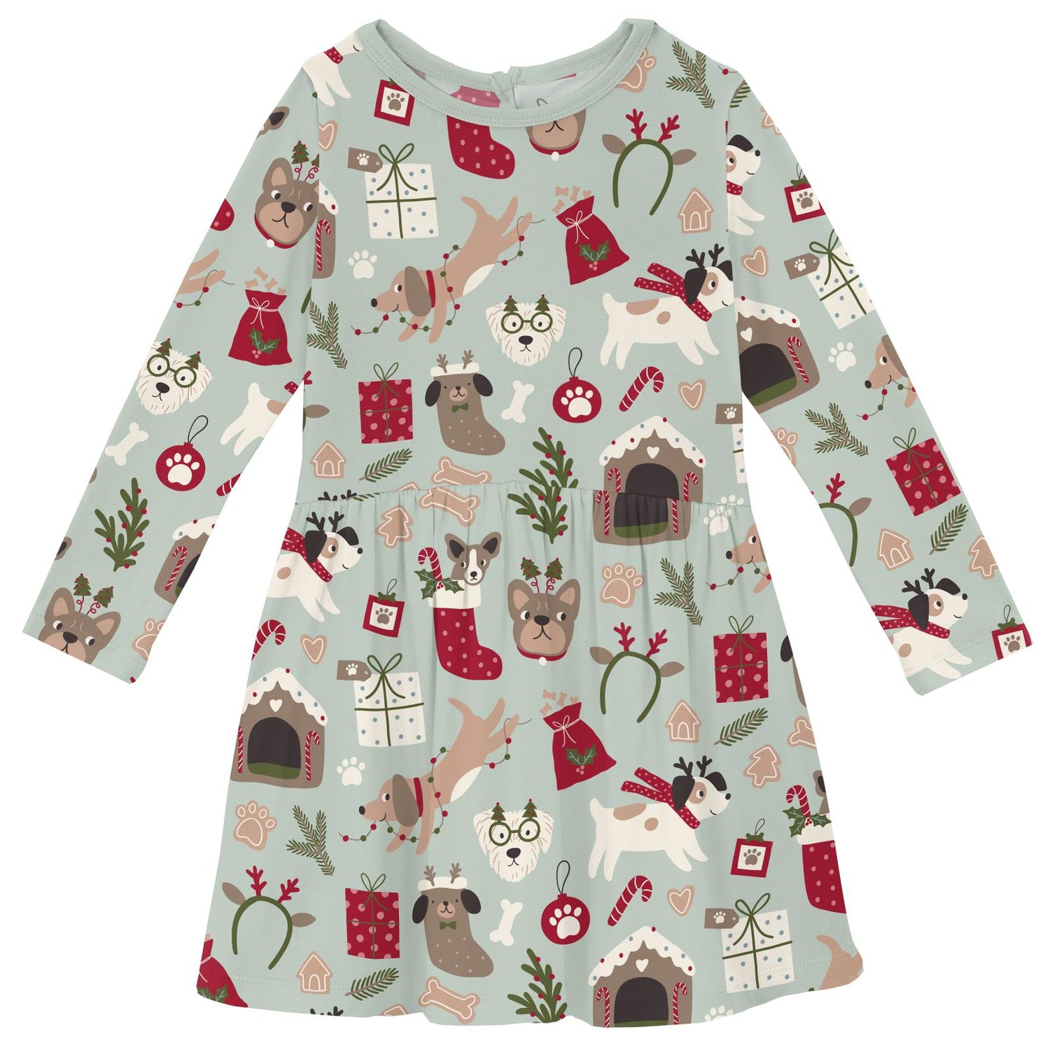 Print Long Sleeve Twirl Dress with Pockets in Aloe Christmas Dogs (343307)