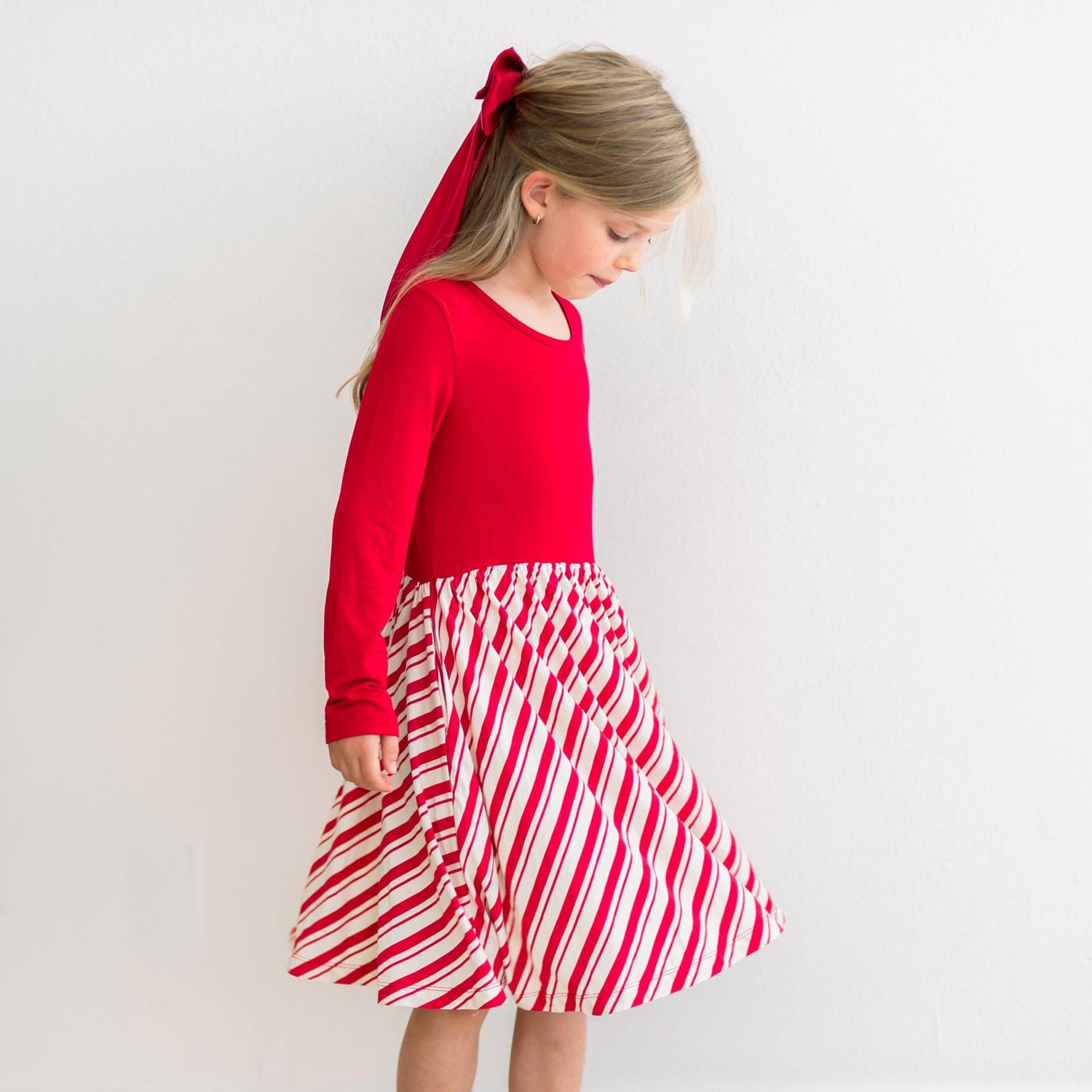 Print Long Sleeve Twirl Dress with Pockets in Peppermint Stripe (343443)