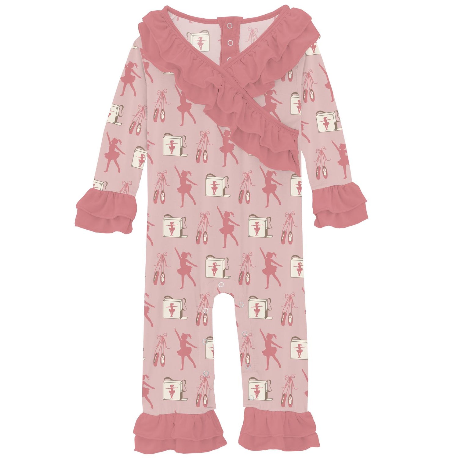Print Long Sleeve Kimono Double Ruffle Romper in Baby Rose Ballet Dancers (372933)