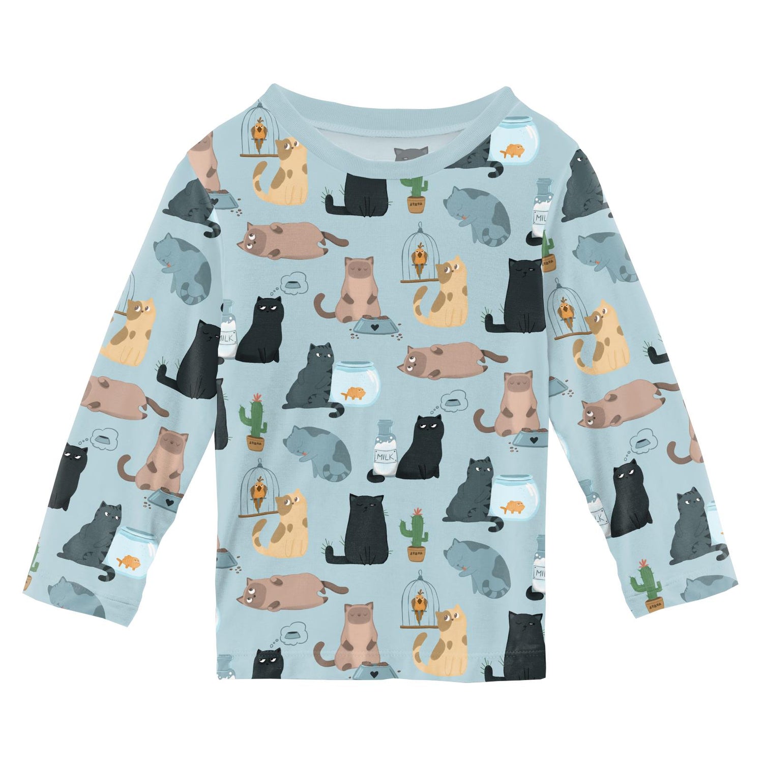 Print Long Sleeve Crew Neck Tee in Spring Sky House Cats (372988)