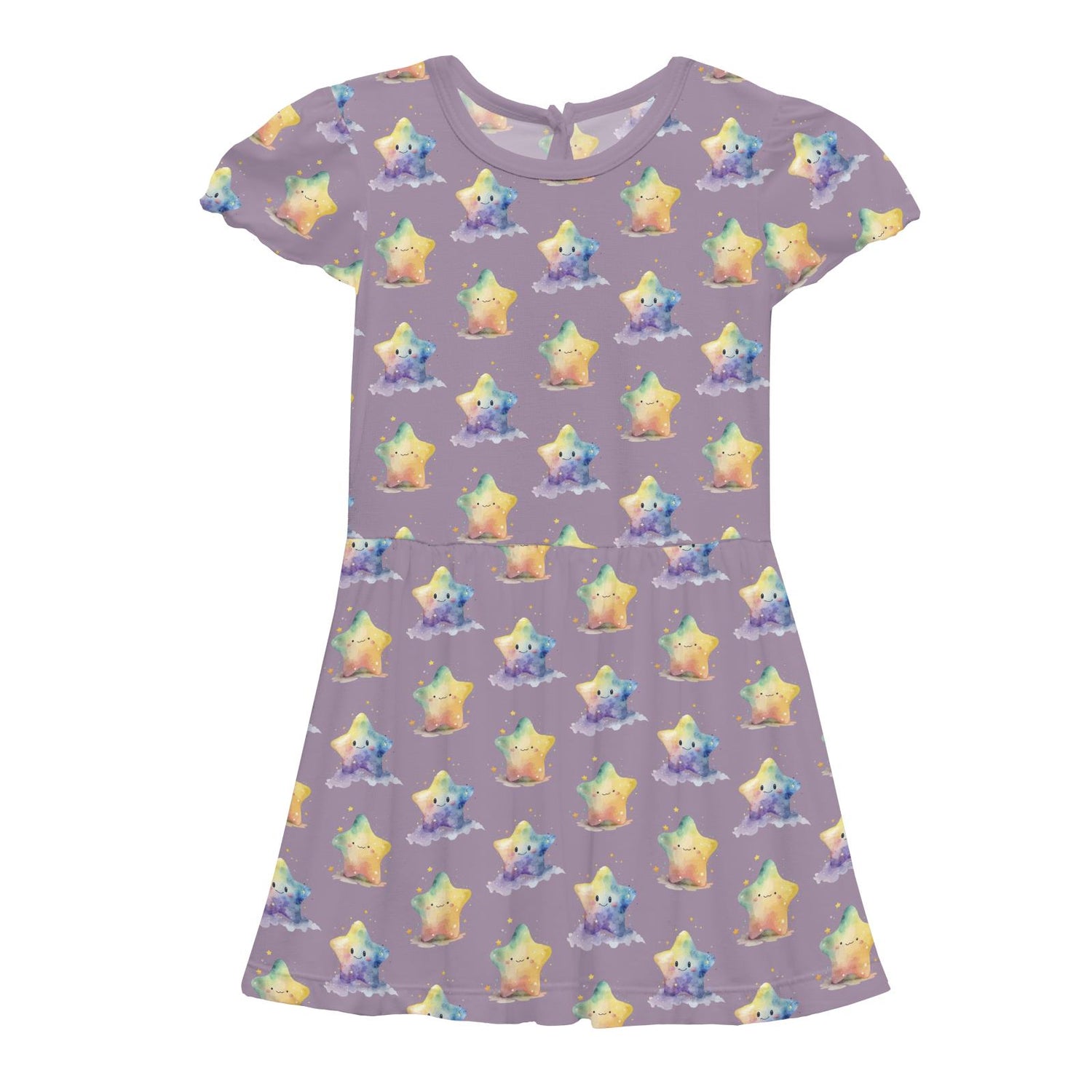 Print Flutter Sleeve Twirl Dress with Pockets in Rainbow Stars (374639)