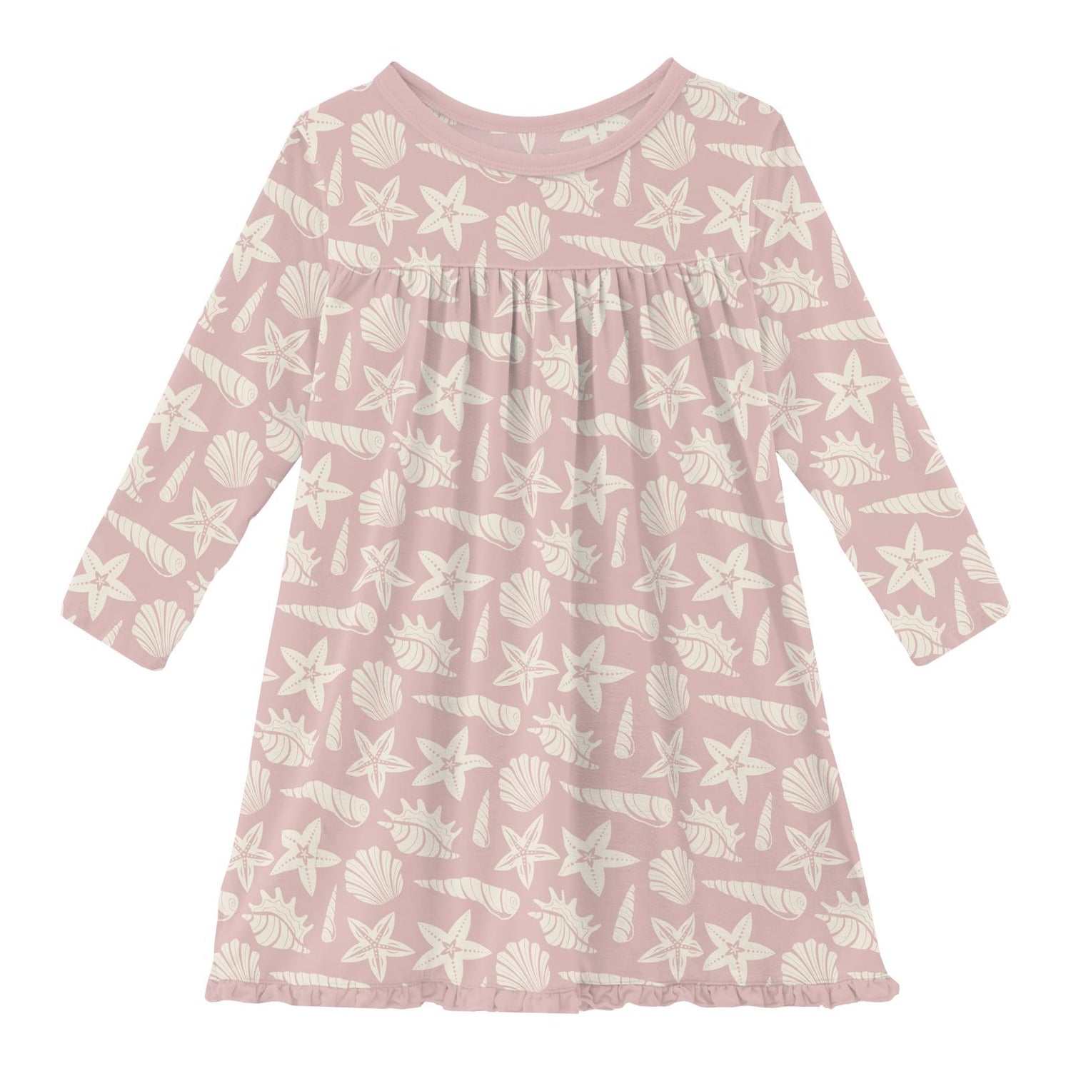 Print Long Sleeve Swing Dress in Baby Rose Shells & Starfish (306014)
