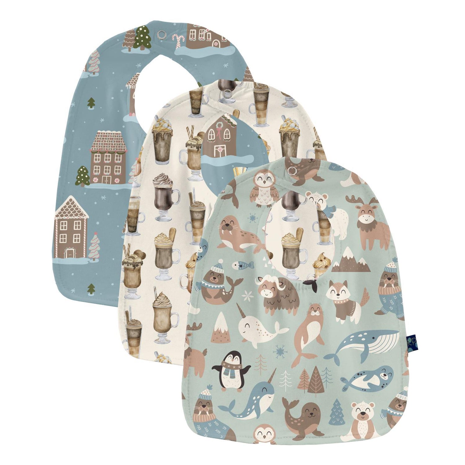 Print Bib Set of 3 in Aloe Arctic Animals, Natural Hot Chocolate & Stormy Sea Gingerbread Town (346893)