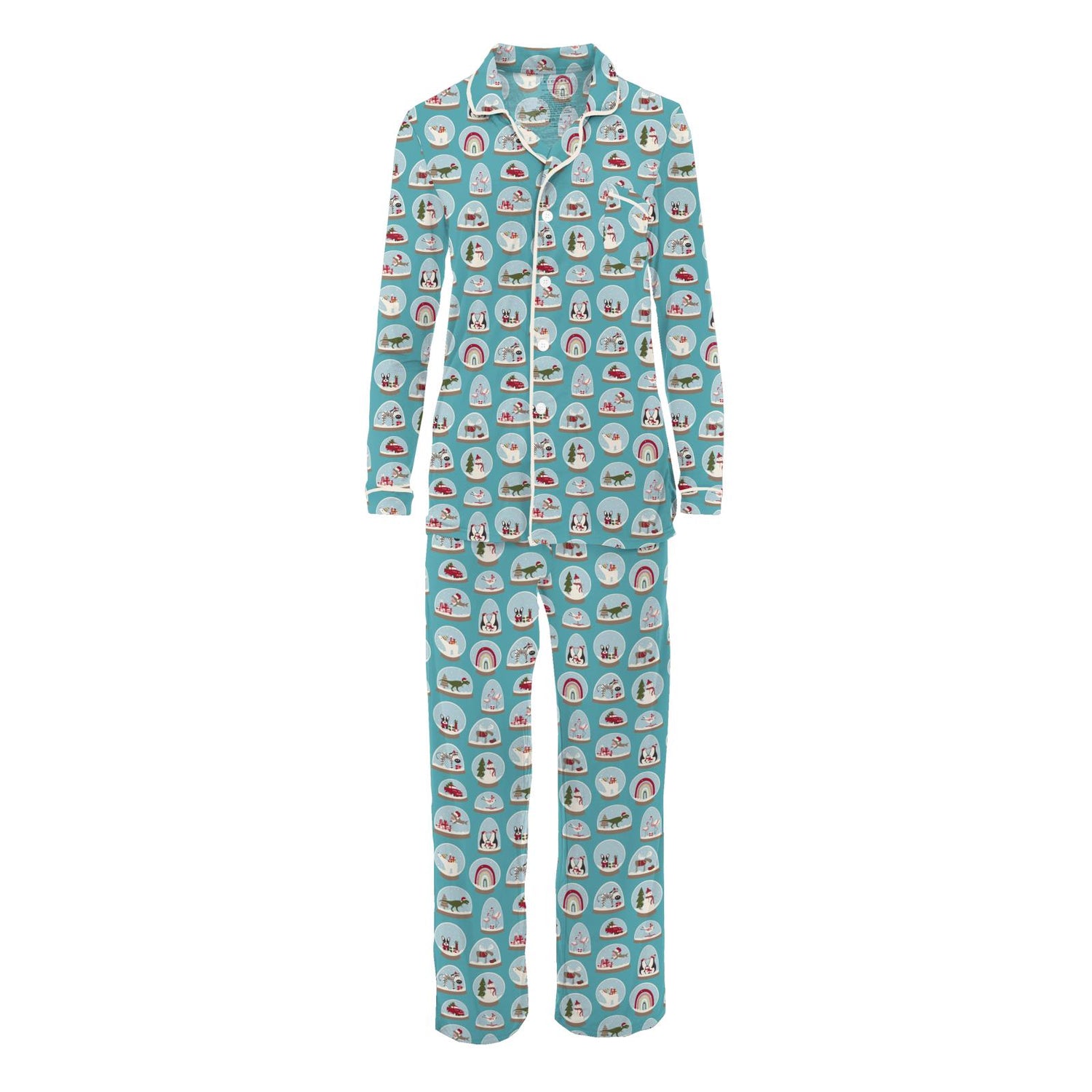 Women's Print Long Sleeve Collared Pajama Set in Glacier Snow Globes (346840)