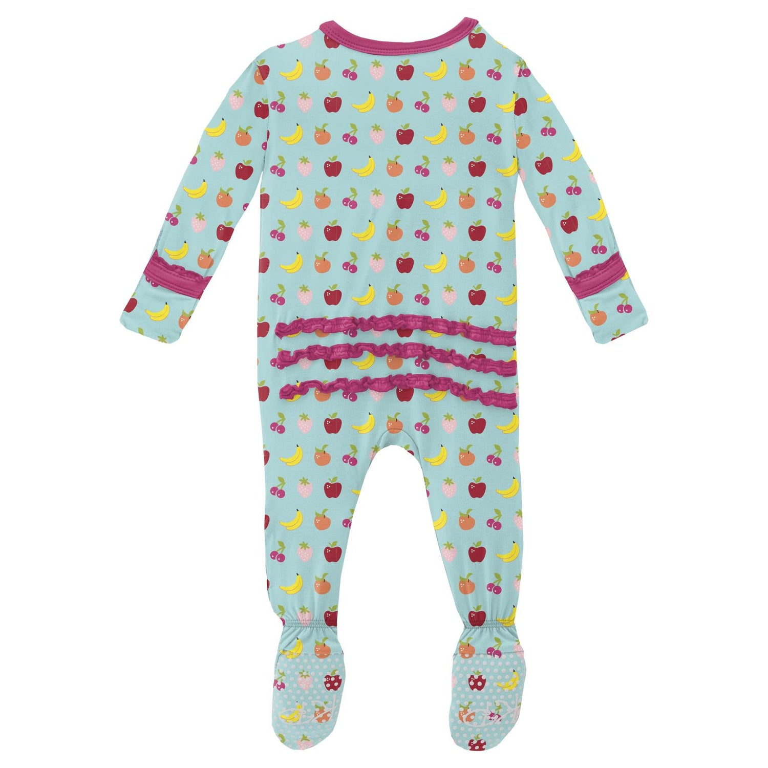 Print Muffin Ruffle Footie with 2 Way Zipper in Summer Sky Mini Fruit (251654)