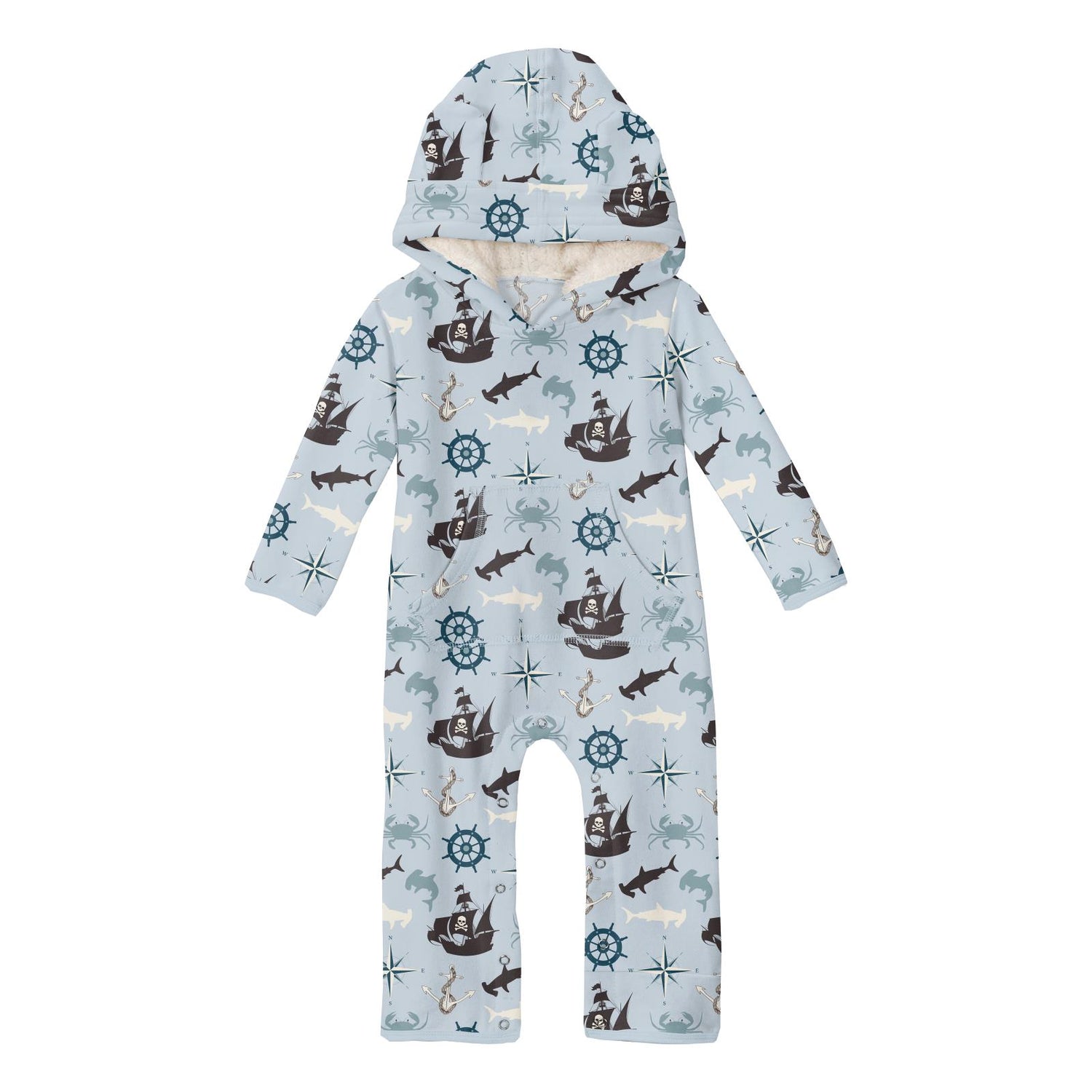 Print Fleece Coverall with Ears and Kangaroo Pocket in Illusion Blue Pirate Adventure (304977)