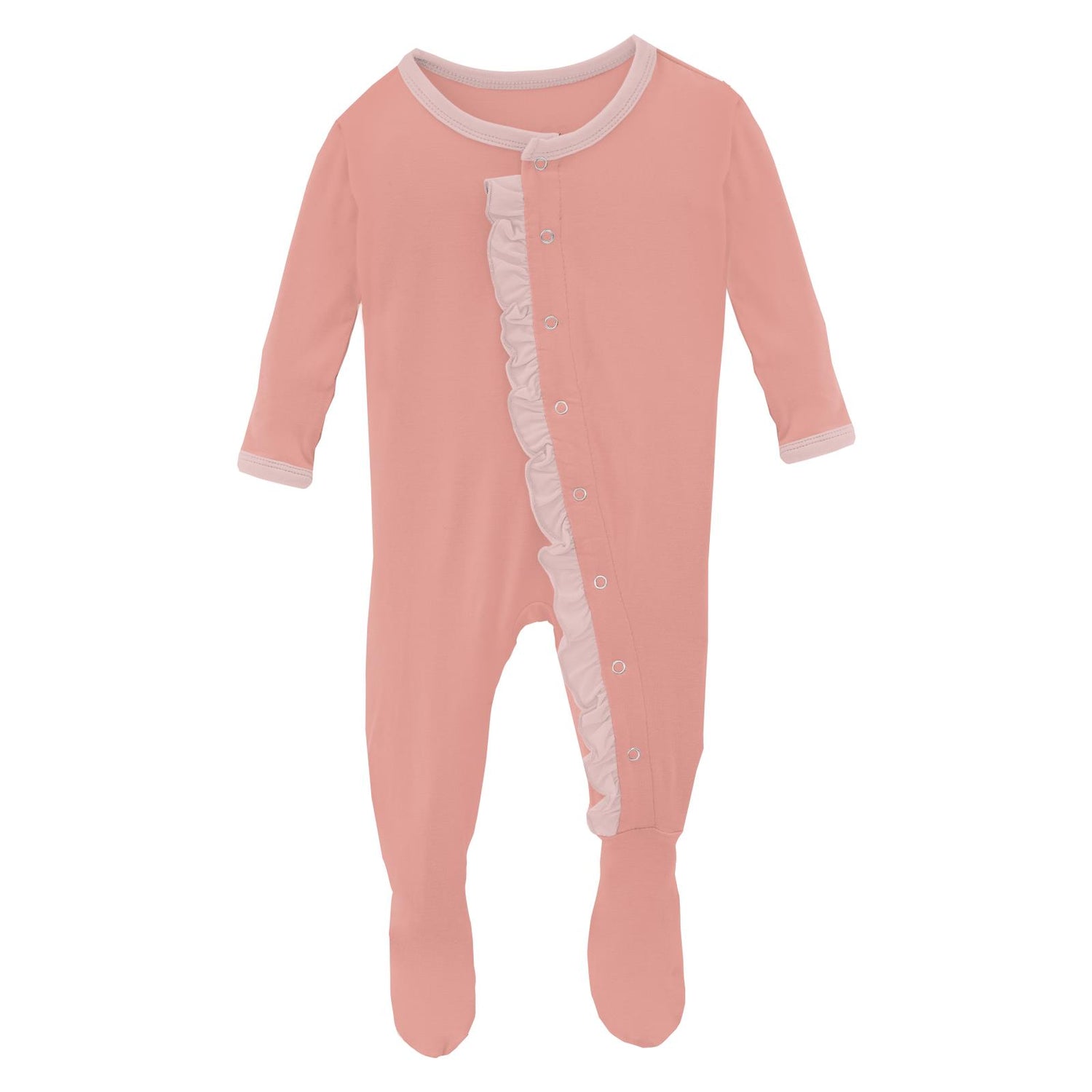 Layette Ruffle Footie with Snaps in Blush with Baby Rose (305025)