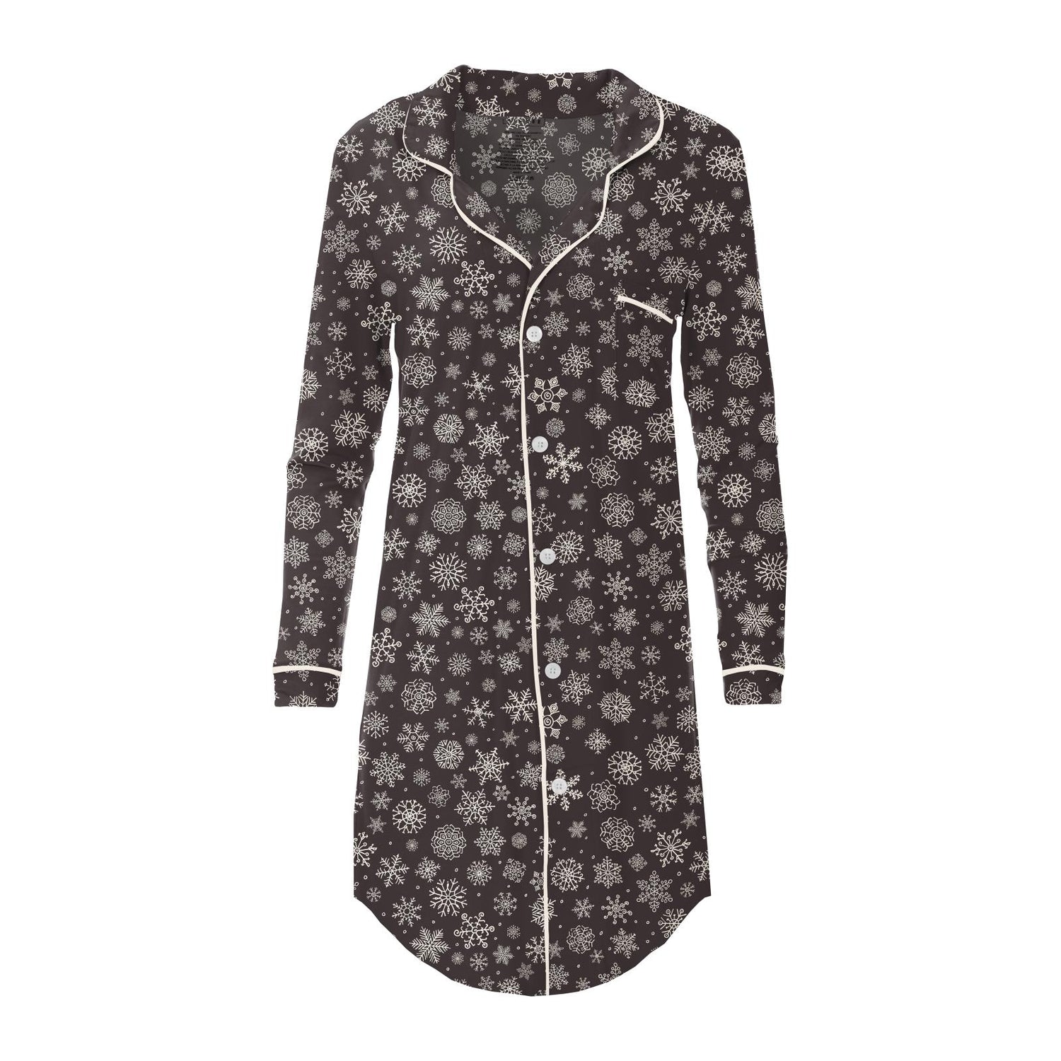 Women's Print Long Sleeve Button Down Nightshirt in Chalkboard Snowflakes (346948)