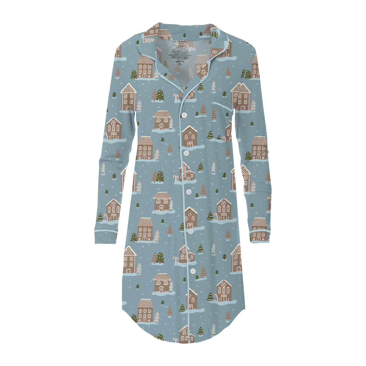 Women's Print Long Sleeve Button Down Nightshirt in Stormy Sea Gingerbread Town (347021)