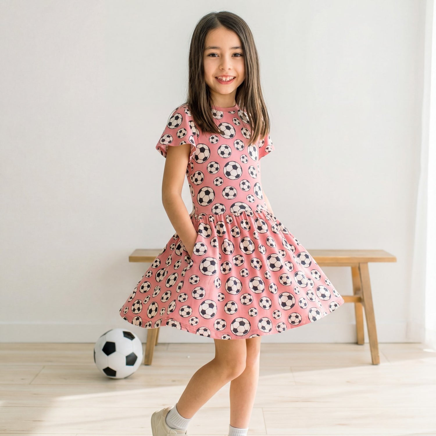 Print Flutter Sleeve Twirl Dress with Pockets in Desert Rose Soccer (380894)