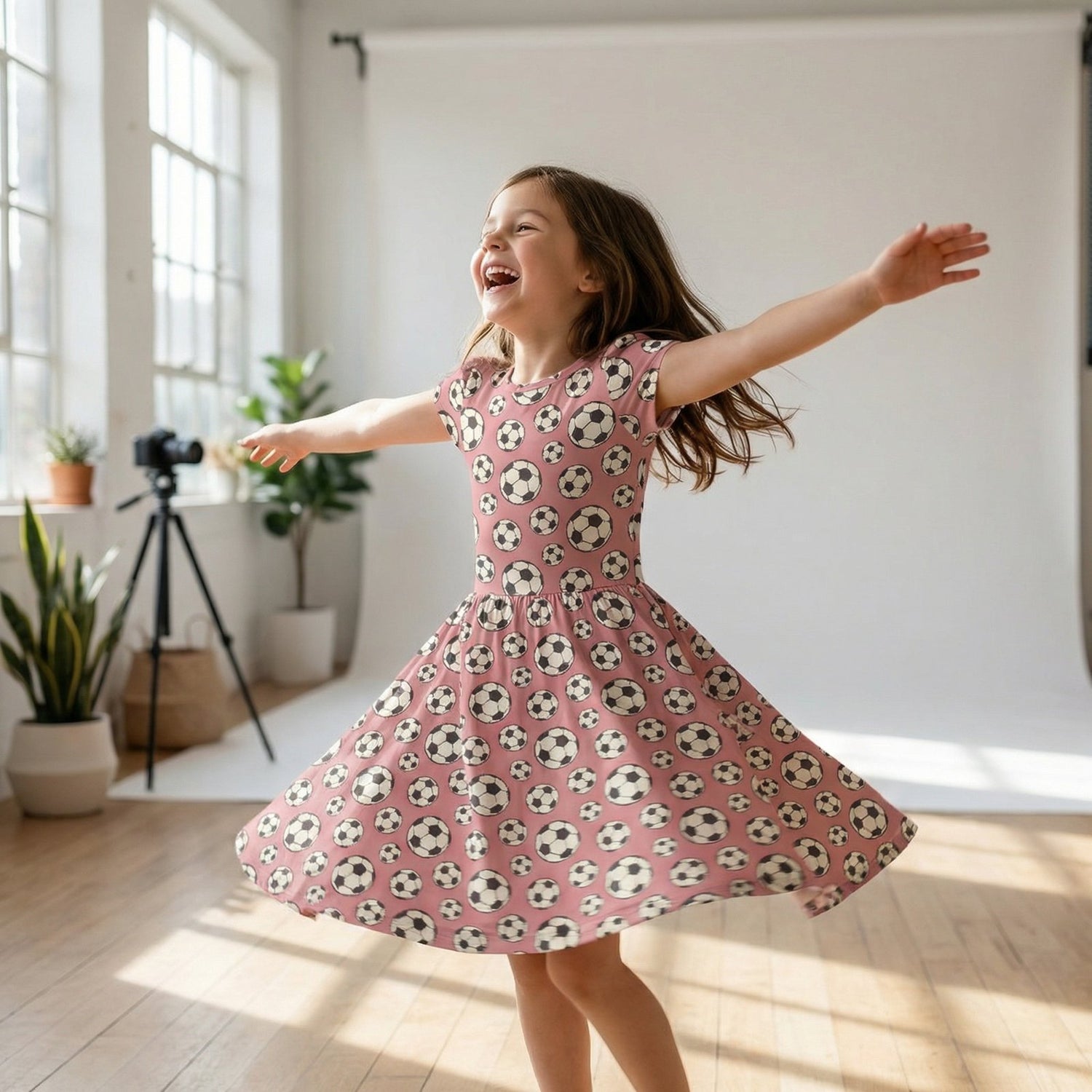 Print Flutter Sleeve Twirl Dress with Pockets in Desert Rose Soccer (380895)