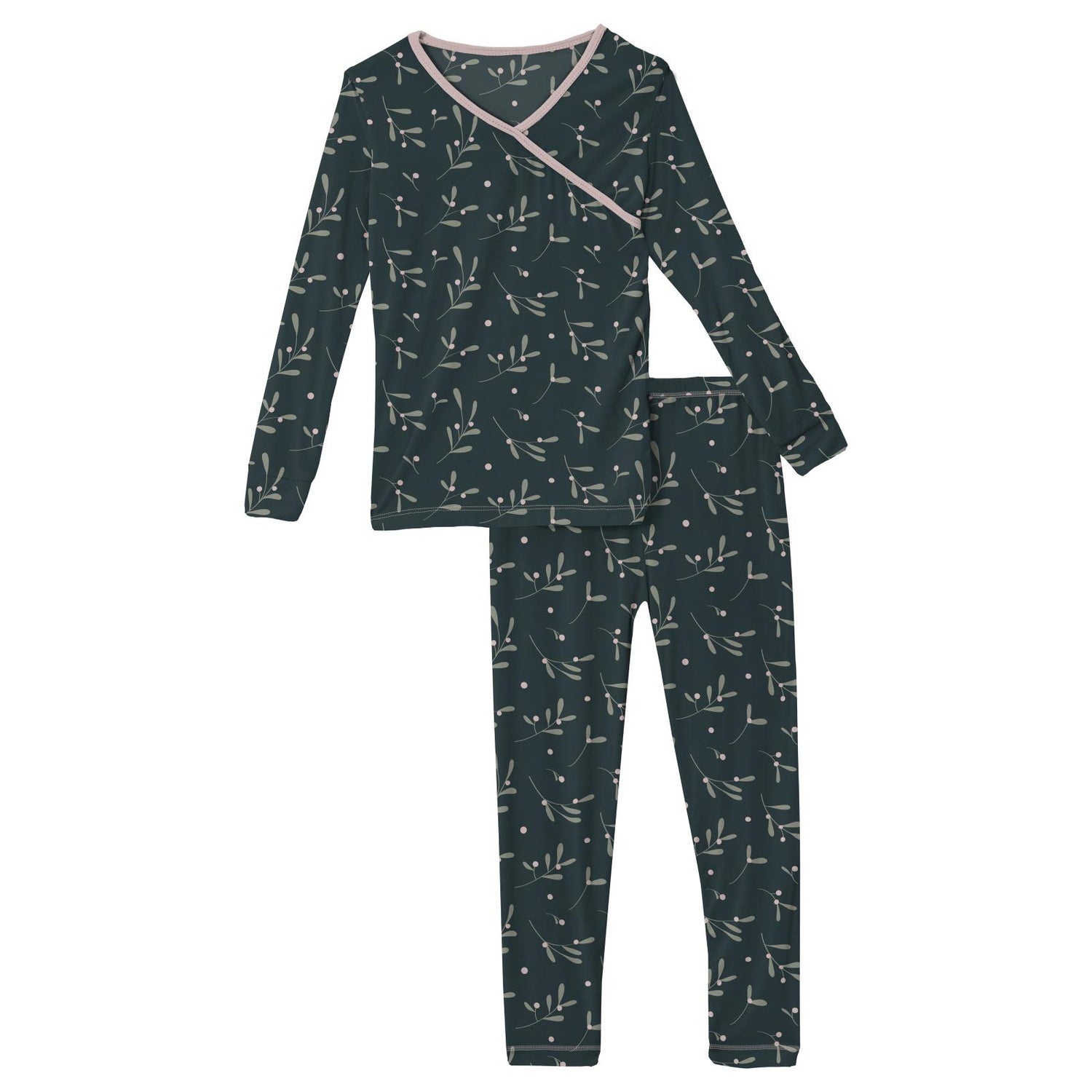 Print Long Sleeve Kimono Pajama Set in Pine Mistletoe (252998)