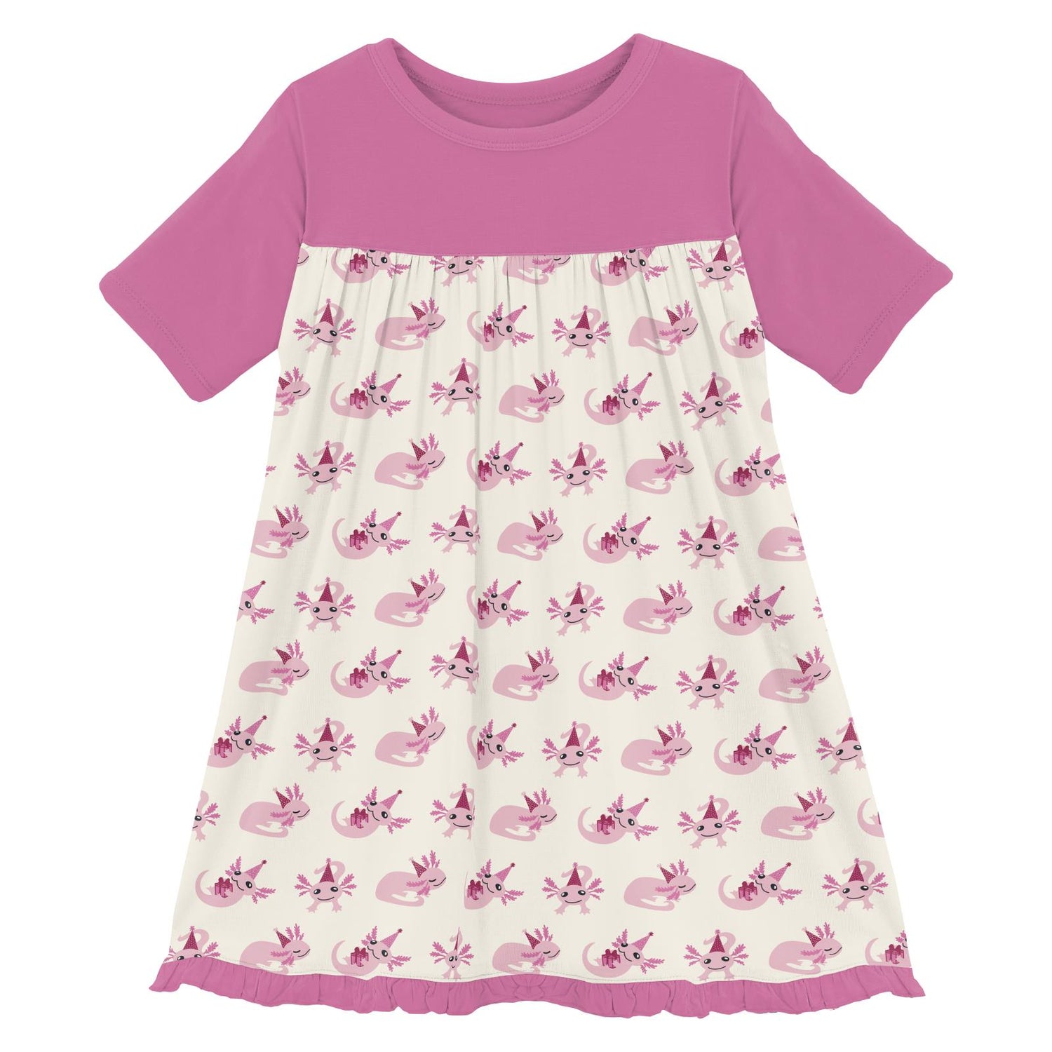 Print Classic Short Sleeve Swing Dress in Natural Axolotl Party