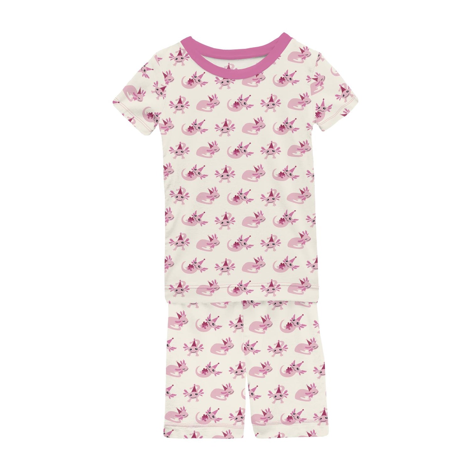 Print Short Sleeve Pajama Set with Shorts in Natural Axolotl Party