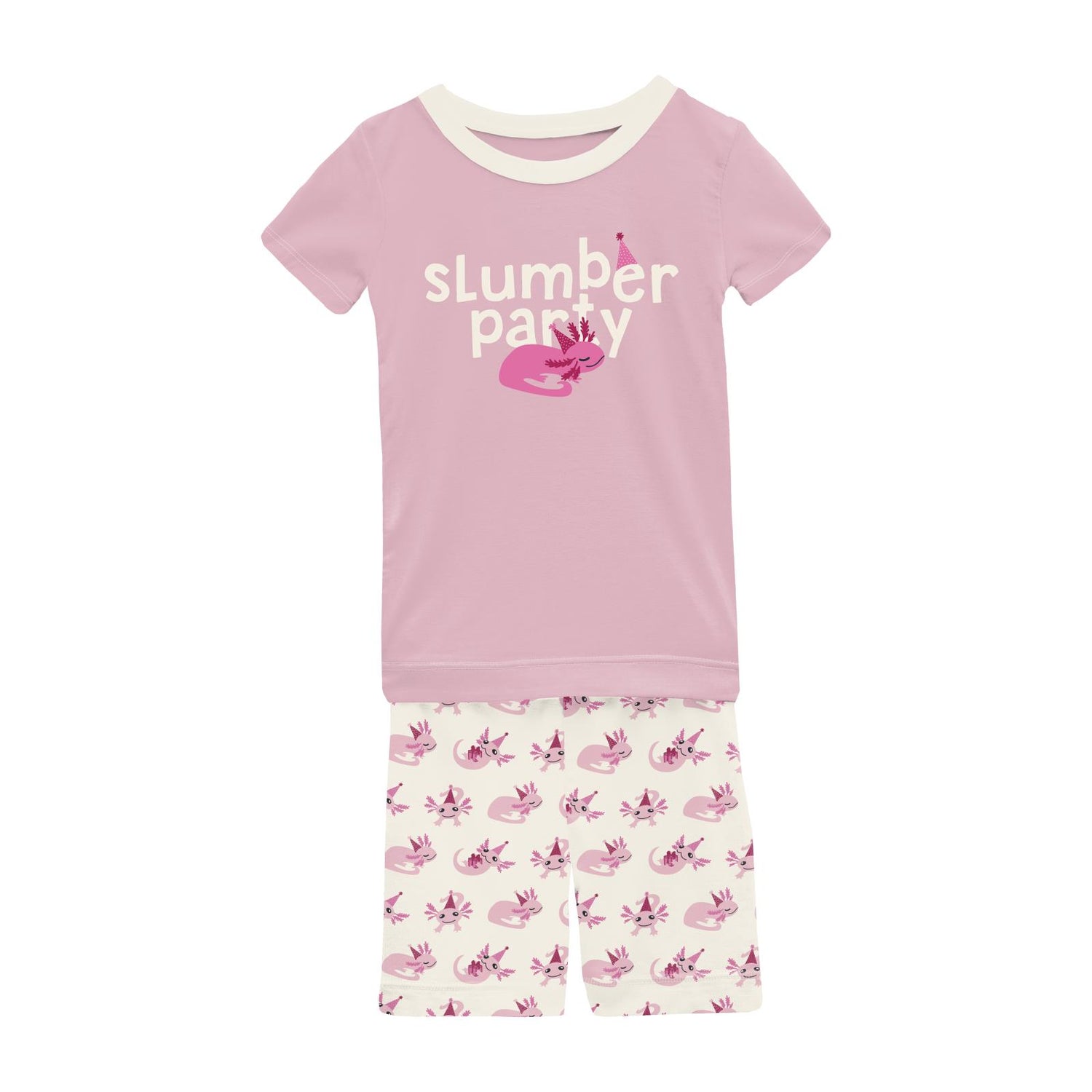 Short Sleeve Graphic Tee Pajama Set with Shorts in Natural Axolotl Party