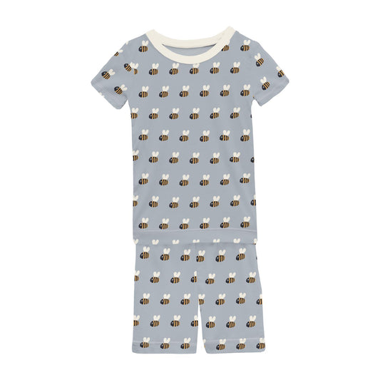 Print Short Sleeve Pajama Set with Shorts in Pearl Blue Baby Bumblebee