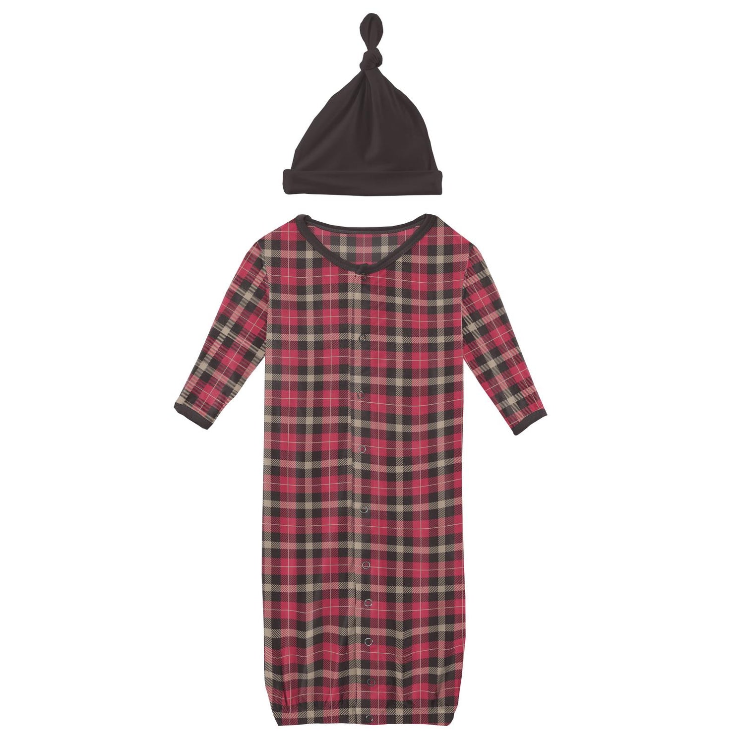 Print Layette Gown Converter & Single Knot Hat Set in 90's Plaid (262716)