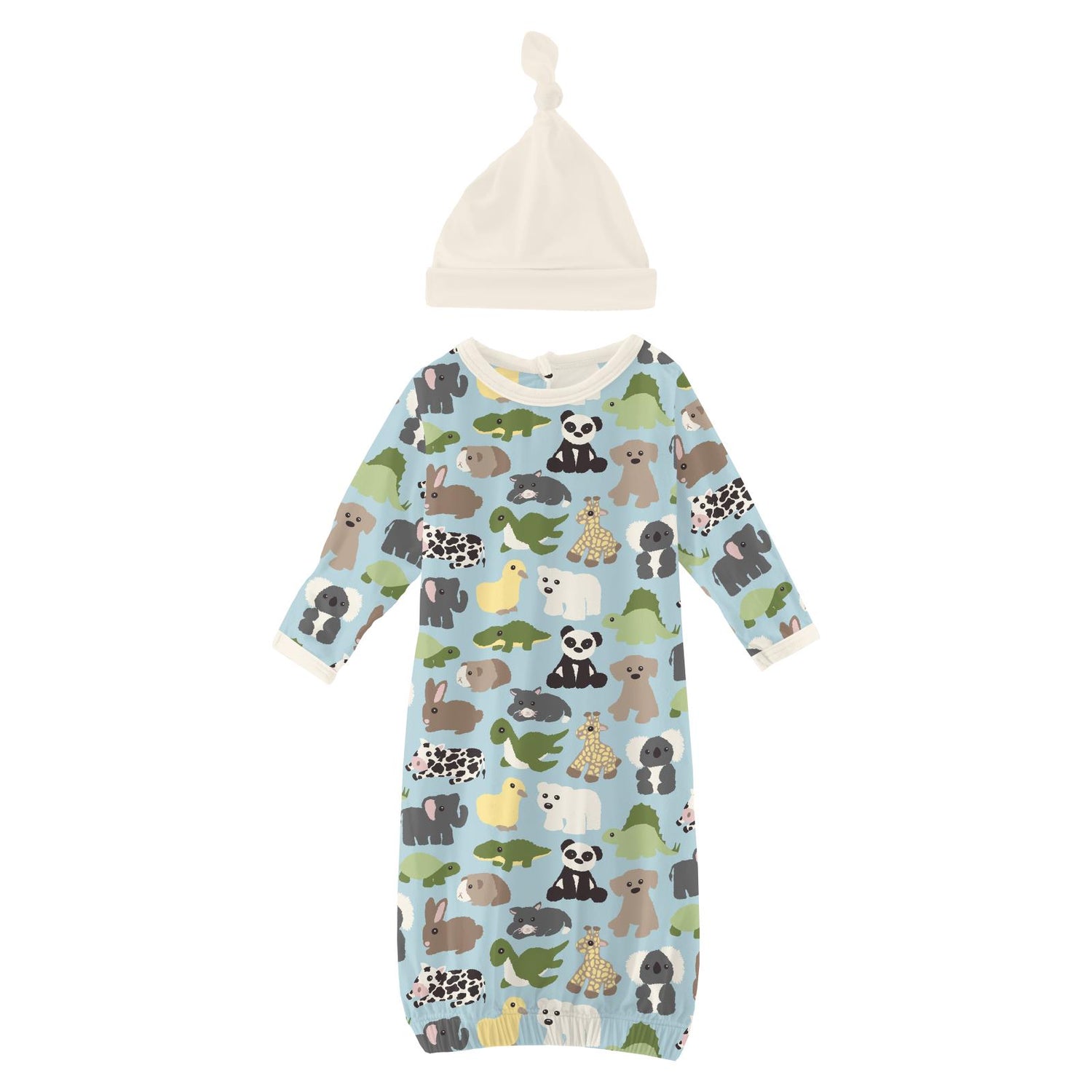 Print Layette Gown & Single Knot Hat Set in Spring Sky Too Many Stuffies (263167)
