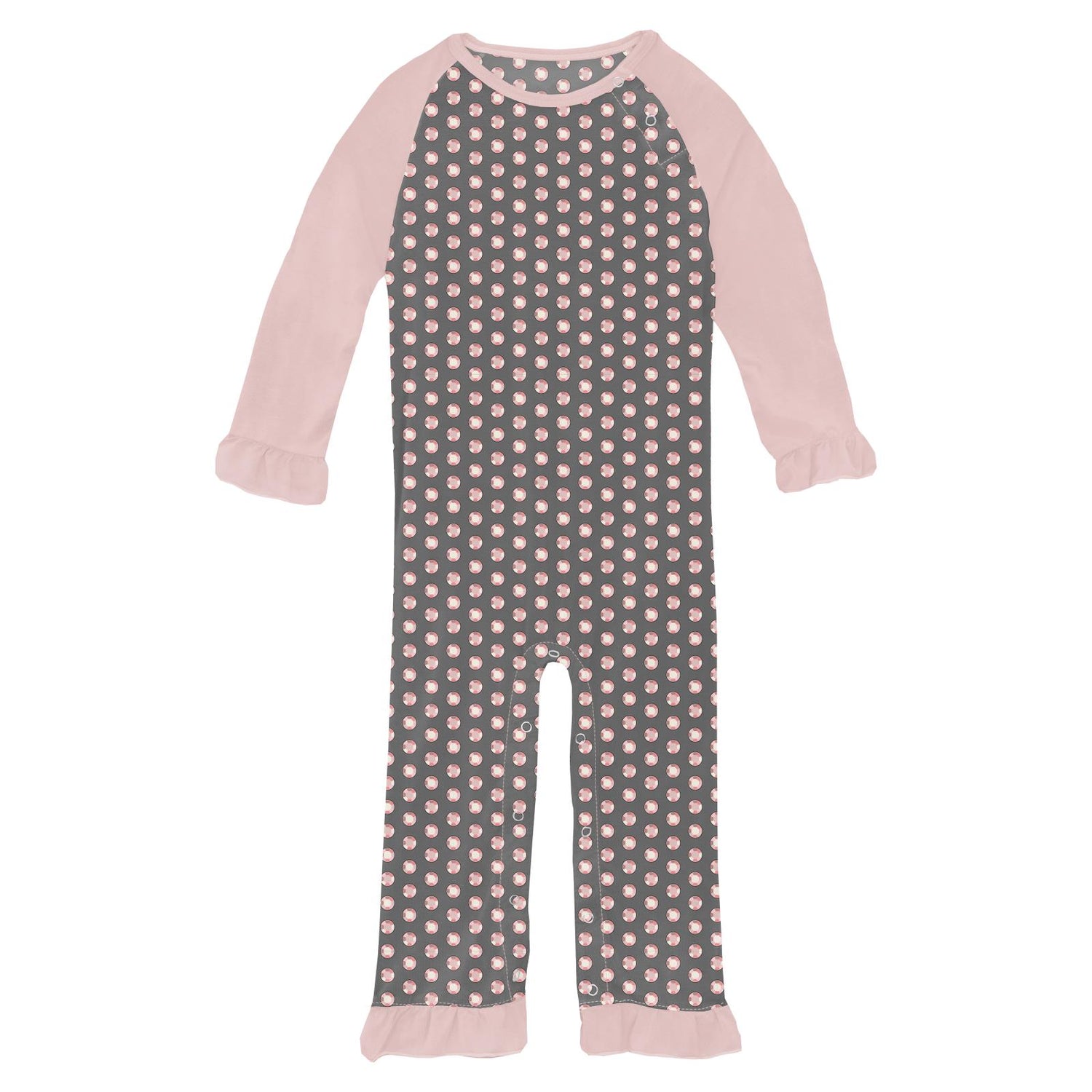 Print Long Sleeve Ruffle Raglan Romper in Pewter Sparkle (263301)
