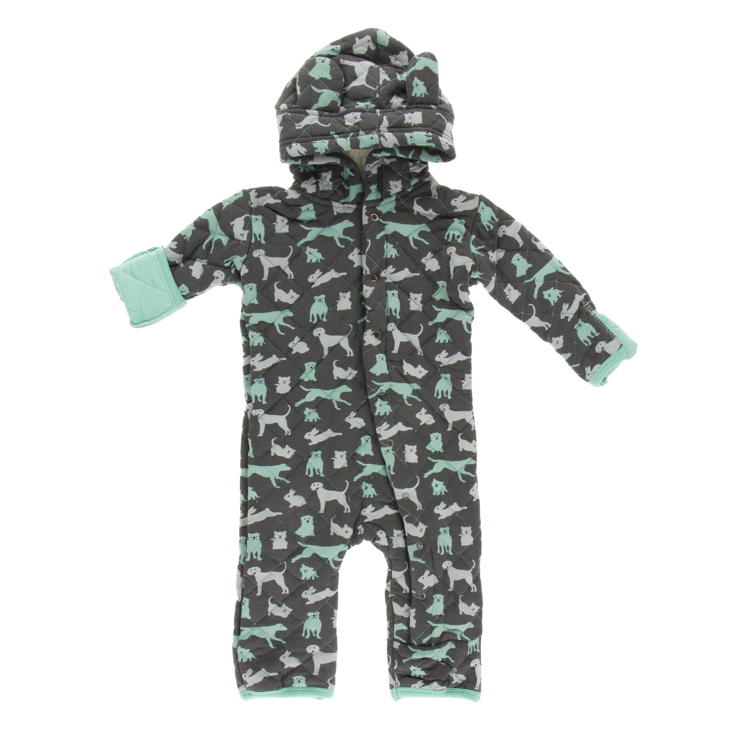Print Quilted Hoodie Coverall with Sherpa-Lined Hood in Stone Domestic Animals/Glass (383907)
