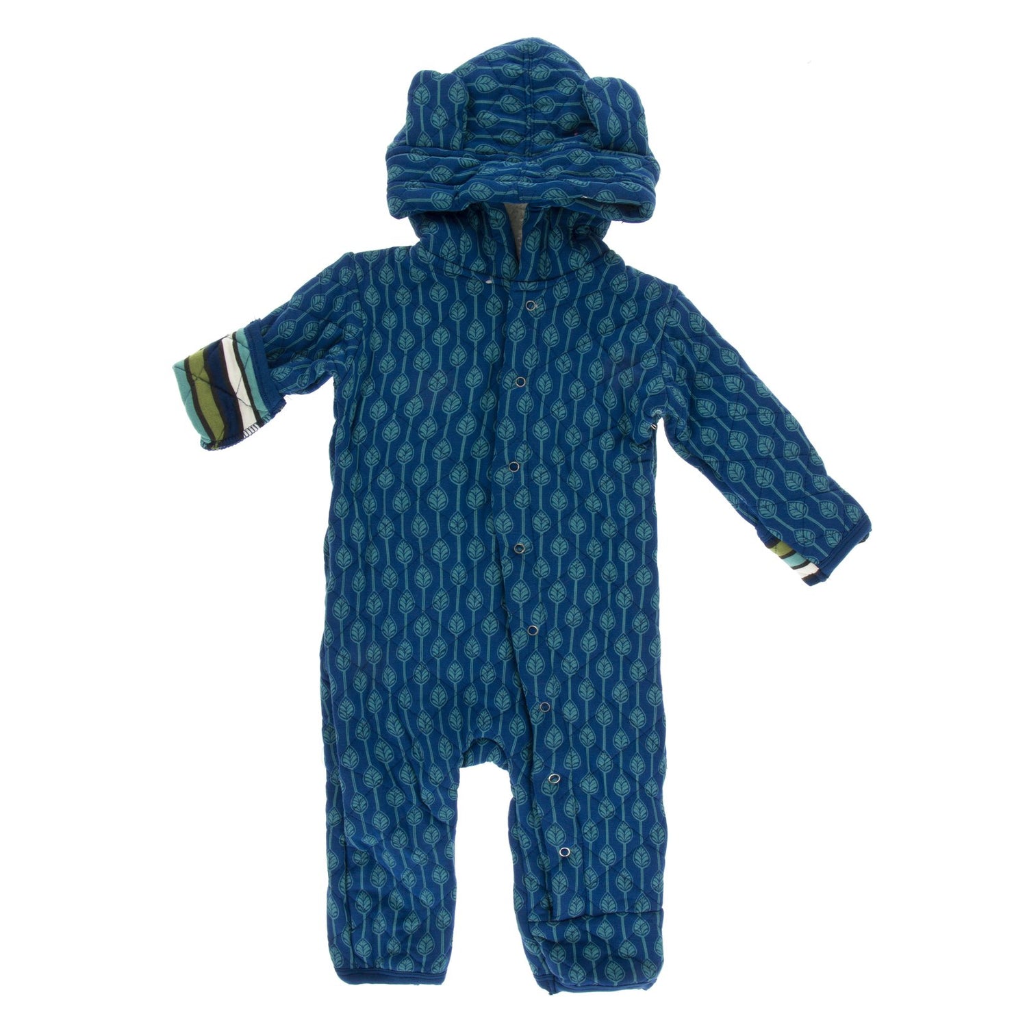Print Quilted Hoodie Coverall with Sherpa-Lined Hood in Navy Leaf Lattice/Botany Grasshopper Stripe (383917)