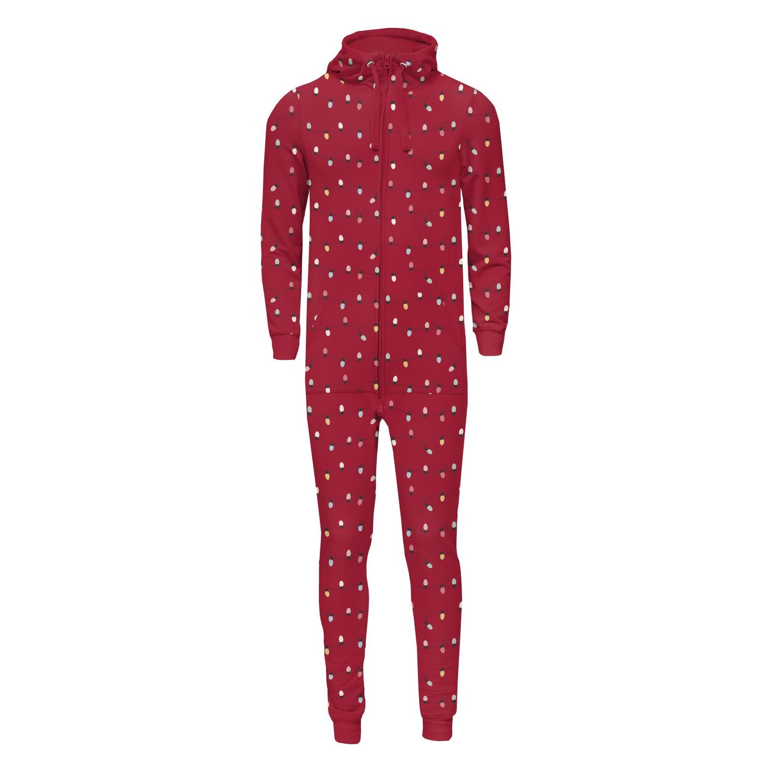 Print Adult Fleece Jumpsuit with Hood in Crimson Holiday Lights (342087)
