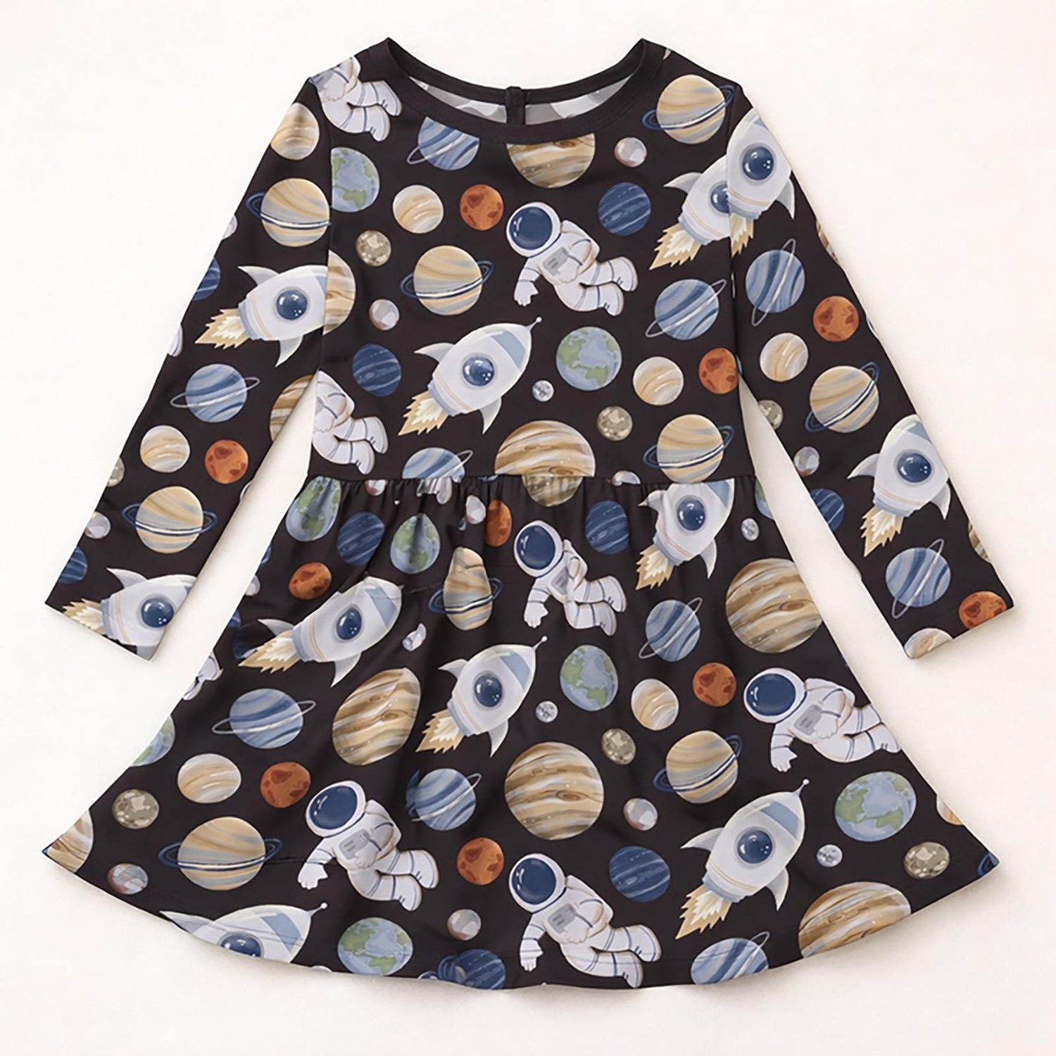 Print Long Sleeve Twirl Dress with Pockets in Midnight Space Dream (371514)