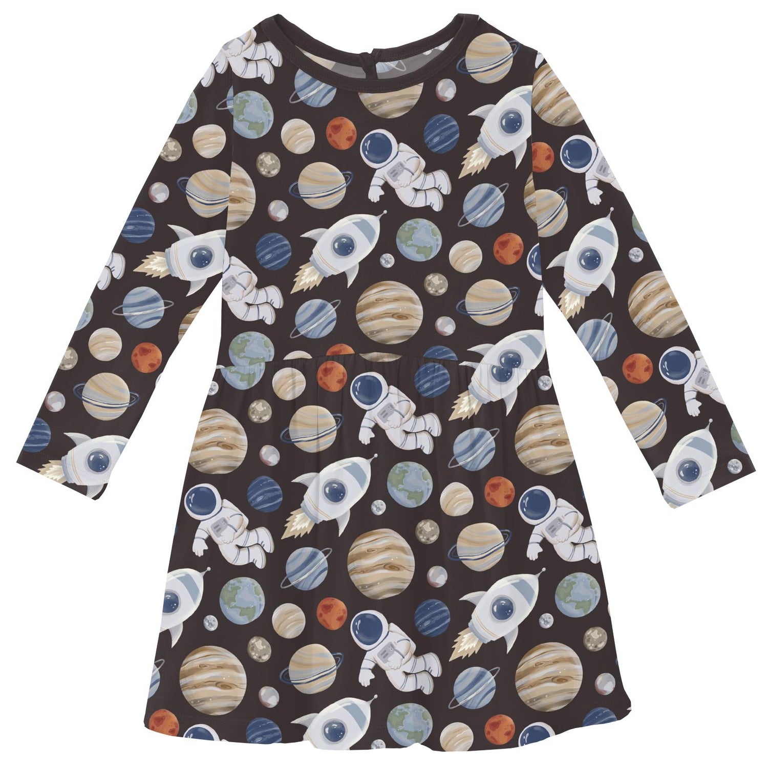 Print Long Sleeve Twirl Dress with Pockets in Midnight Space Dream (371515)