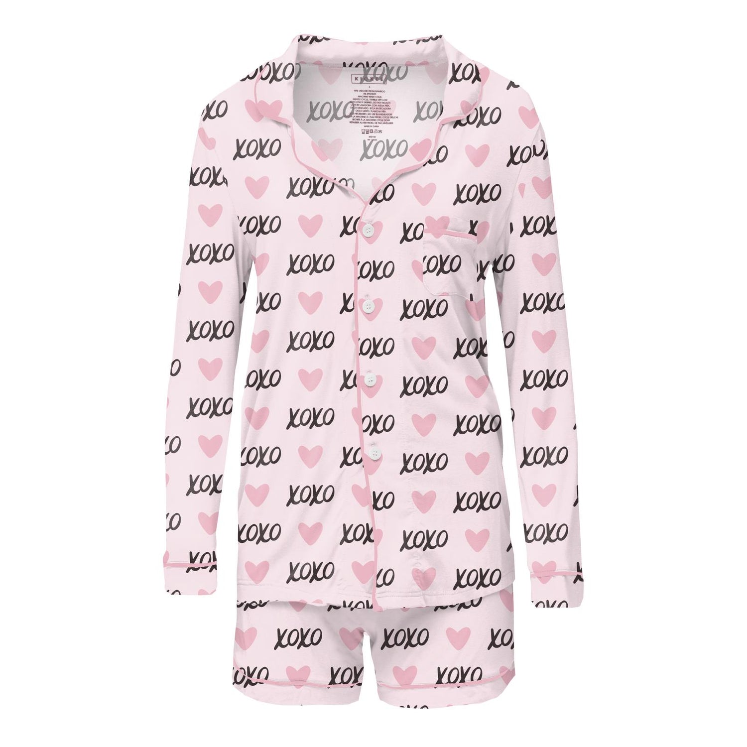 Women's Print Long Sleeve Collared Pajama Set with Shorts in Shrinking Violet XOXO