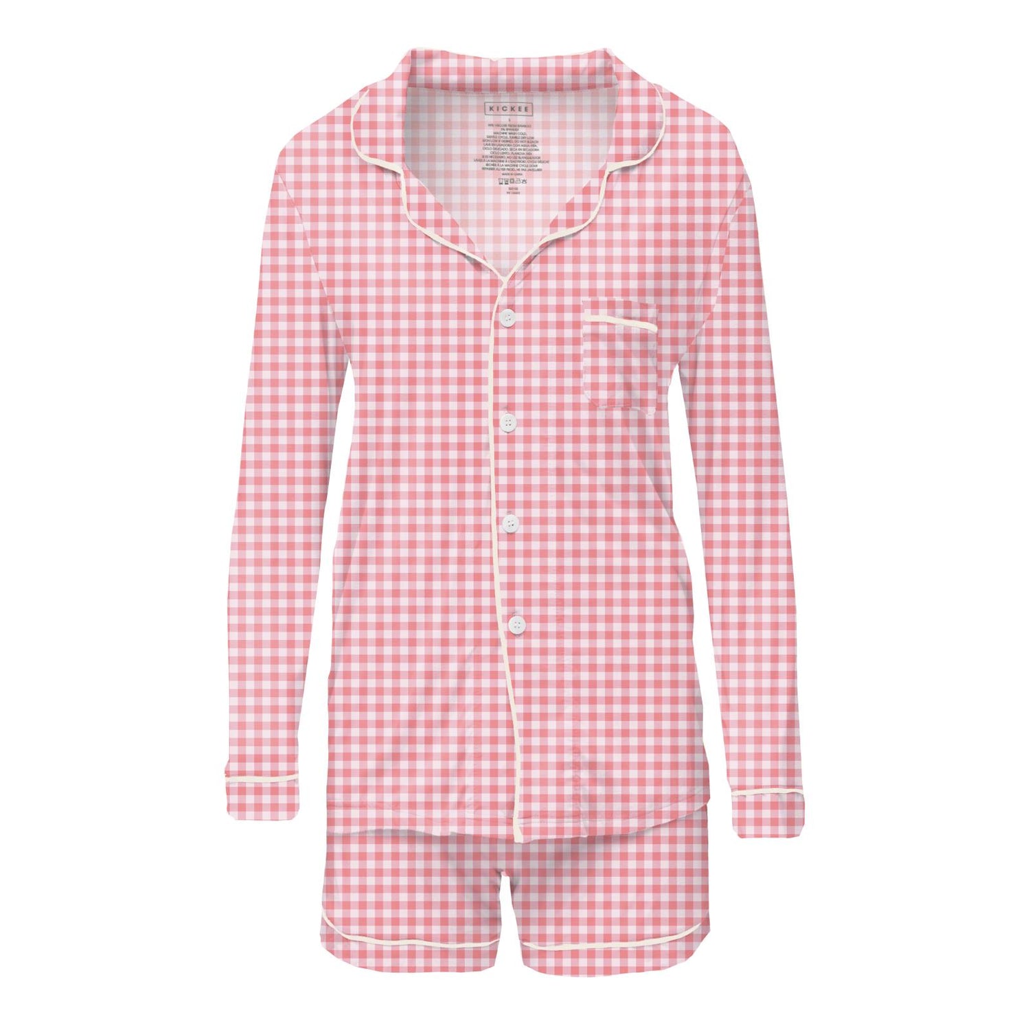 Women's Print Long Sleeve Collared Pajama Set with Shorts in Cake Pop Gingham (311907)