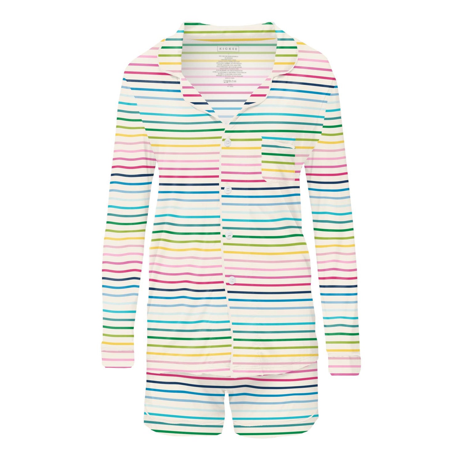 Women's Print Long Sleeve Collared Pajama Set with Shorts in Happy Stripe (312053)
